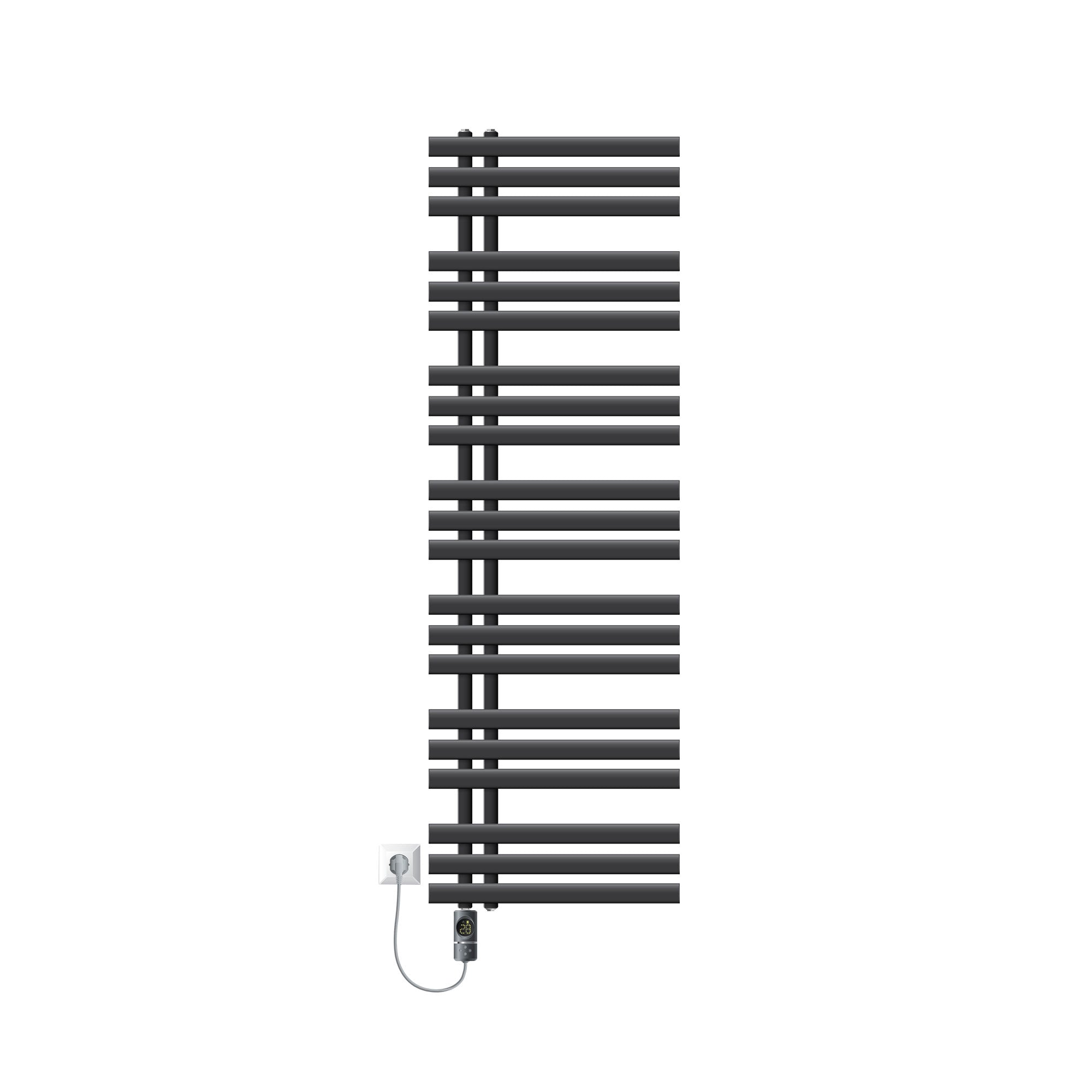 Antracitfarvet radiator med elektrisk tilslutning, monteret vertikalt.