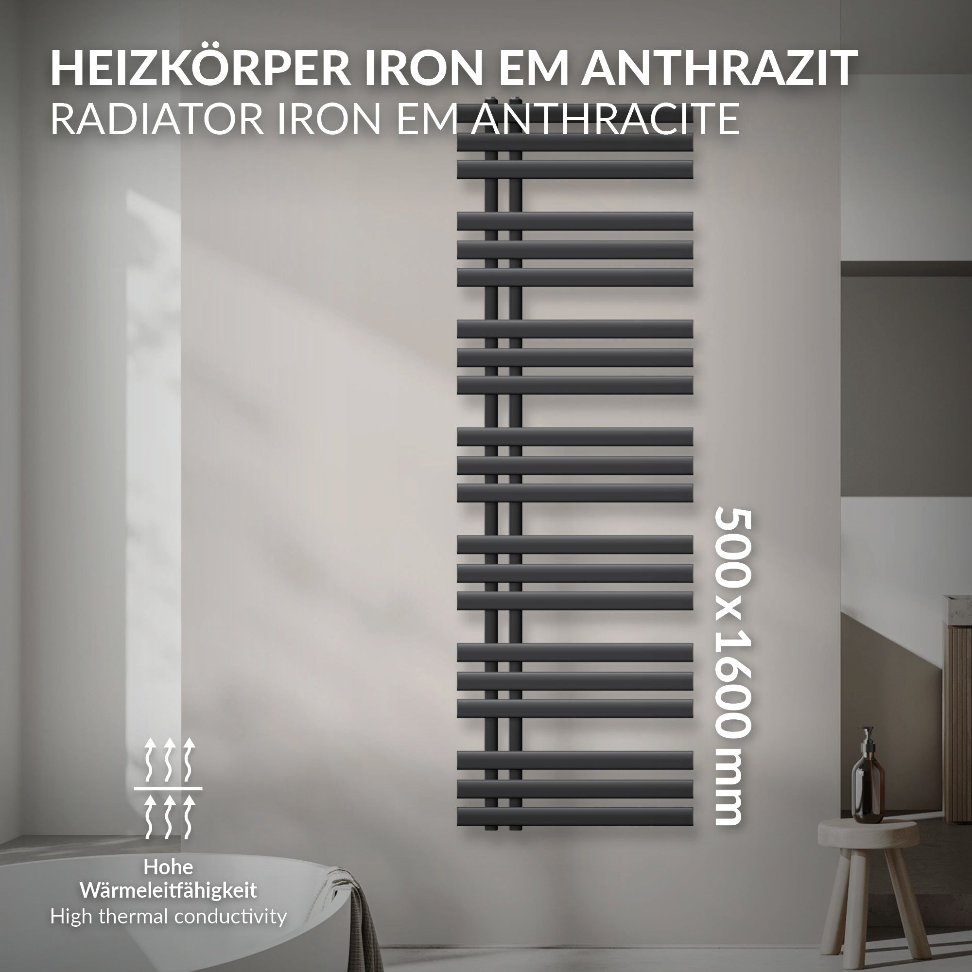 Antracitfarvet radiator med flere vandrette rør.