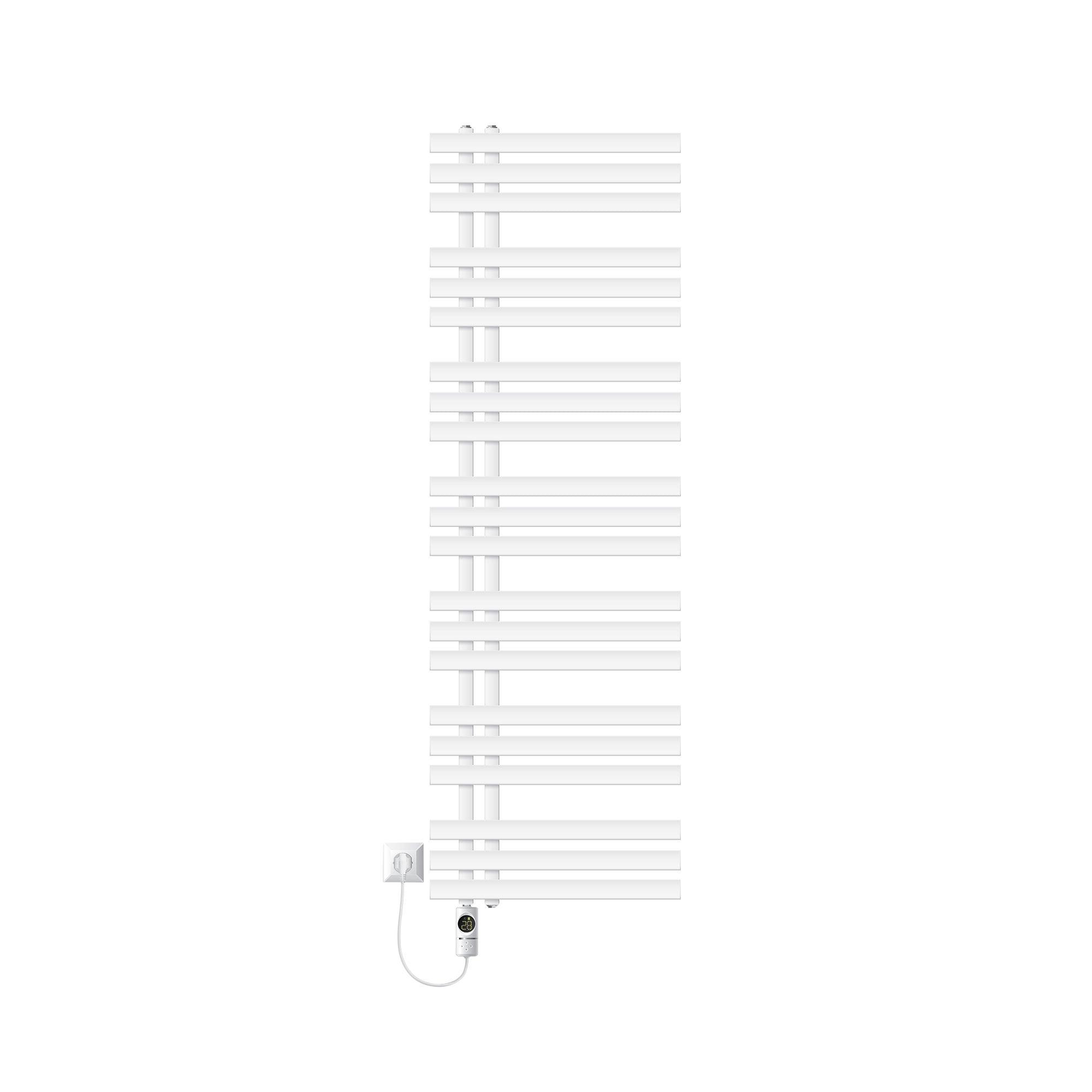 Hvid radiator uden baggrund, med tilslutning til el.