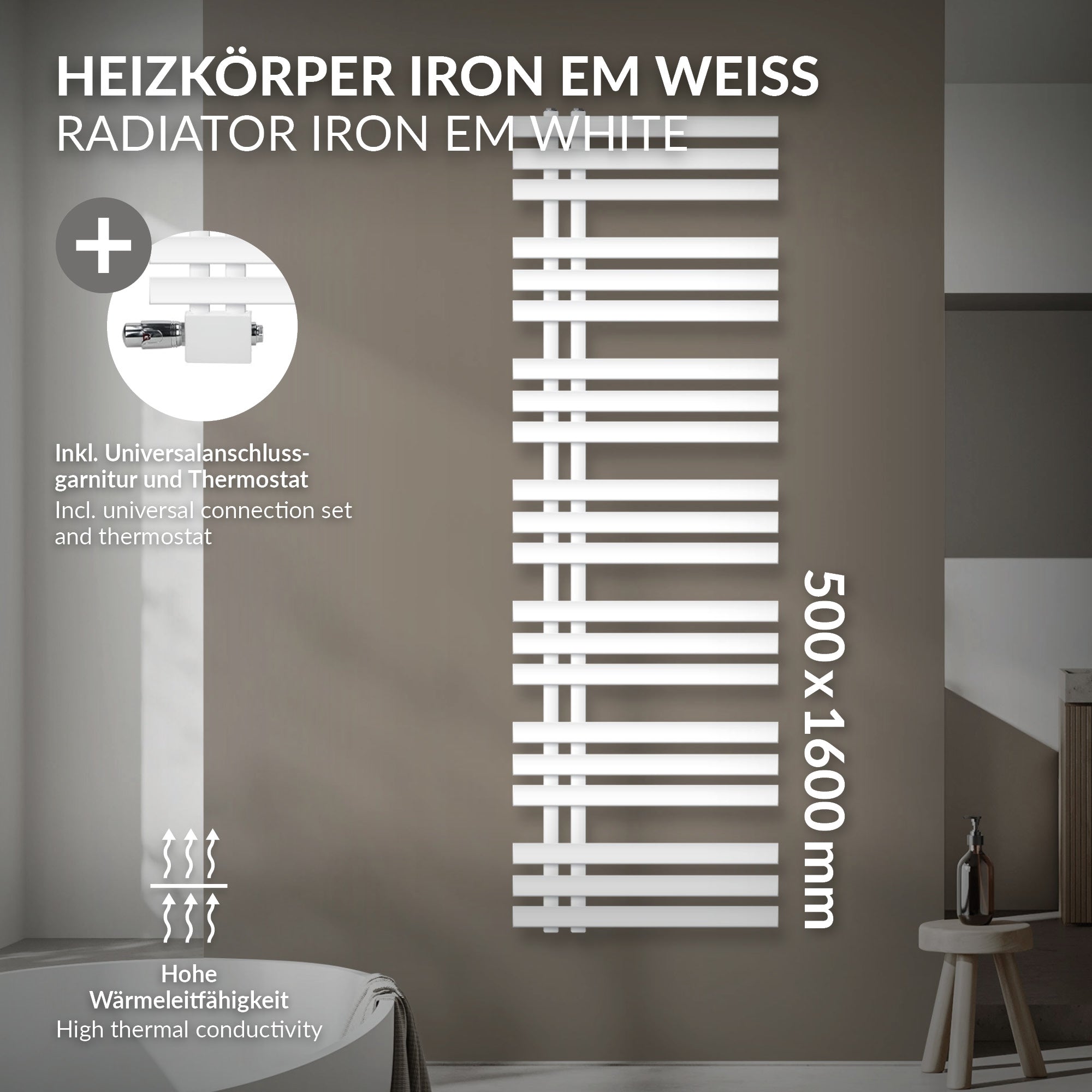 Valkoinen patteri vaakasuorilla putkilla, mitat 500x1600 mm.