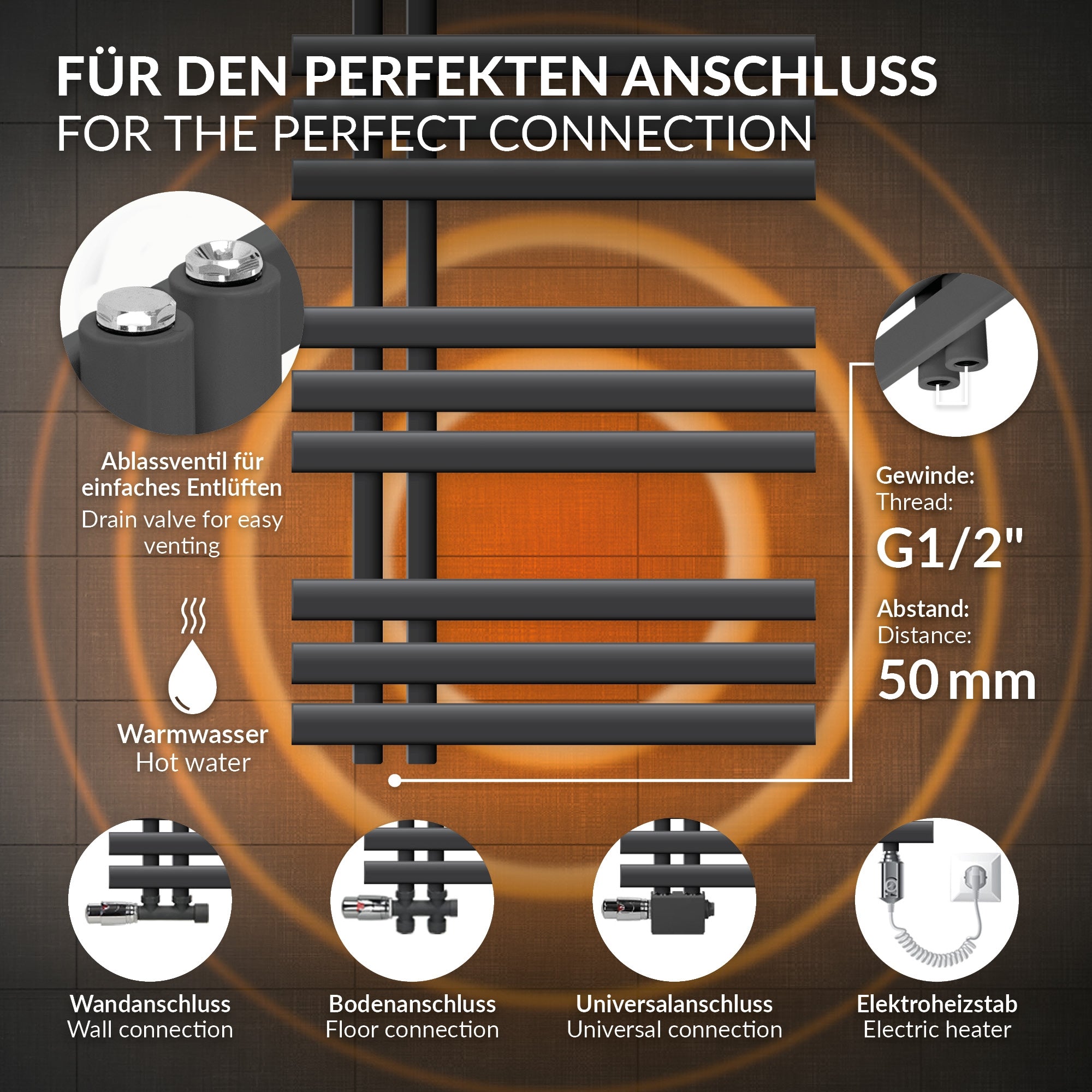 Technische Informationen zu einem Heizkörper mit Anschlussdetails.