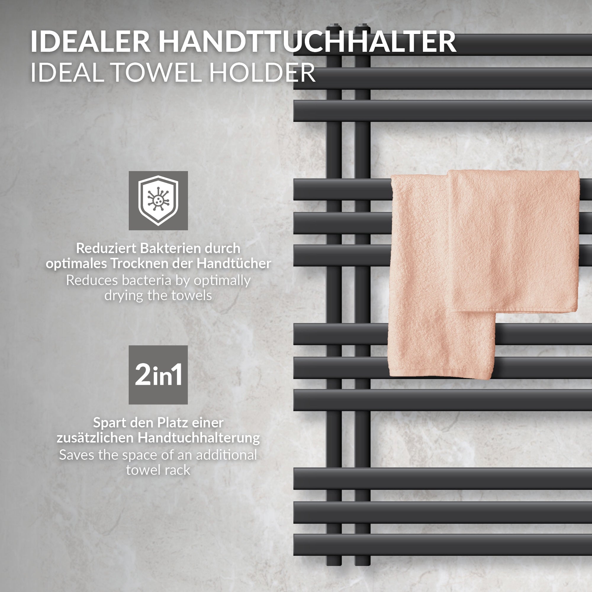 Handtuchheizkörper in Anthrazit mit Handtüchern, die daran hängen.