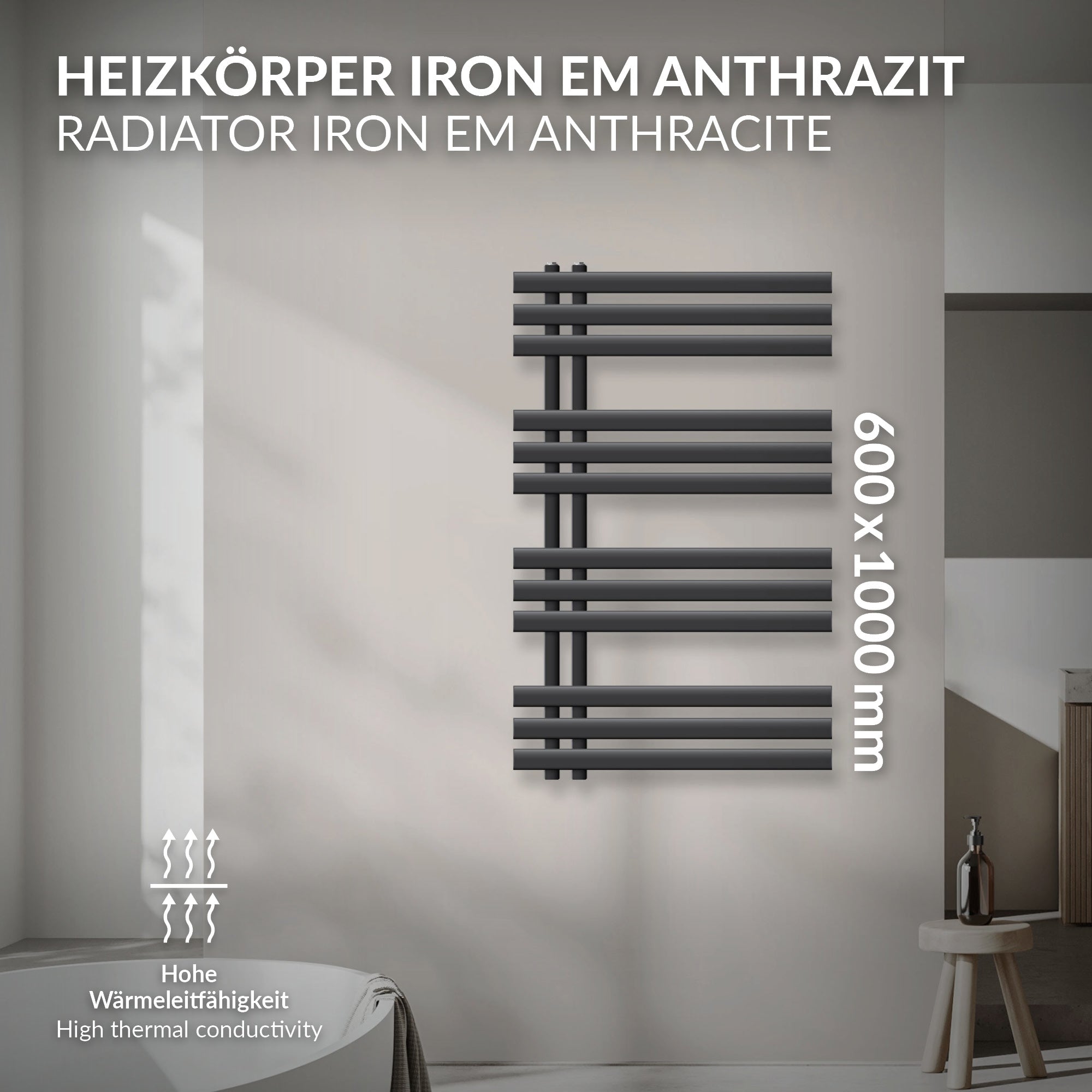 Anthrazitfarbener Heizkörper mit horizontalen und vertikalen Röhren.