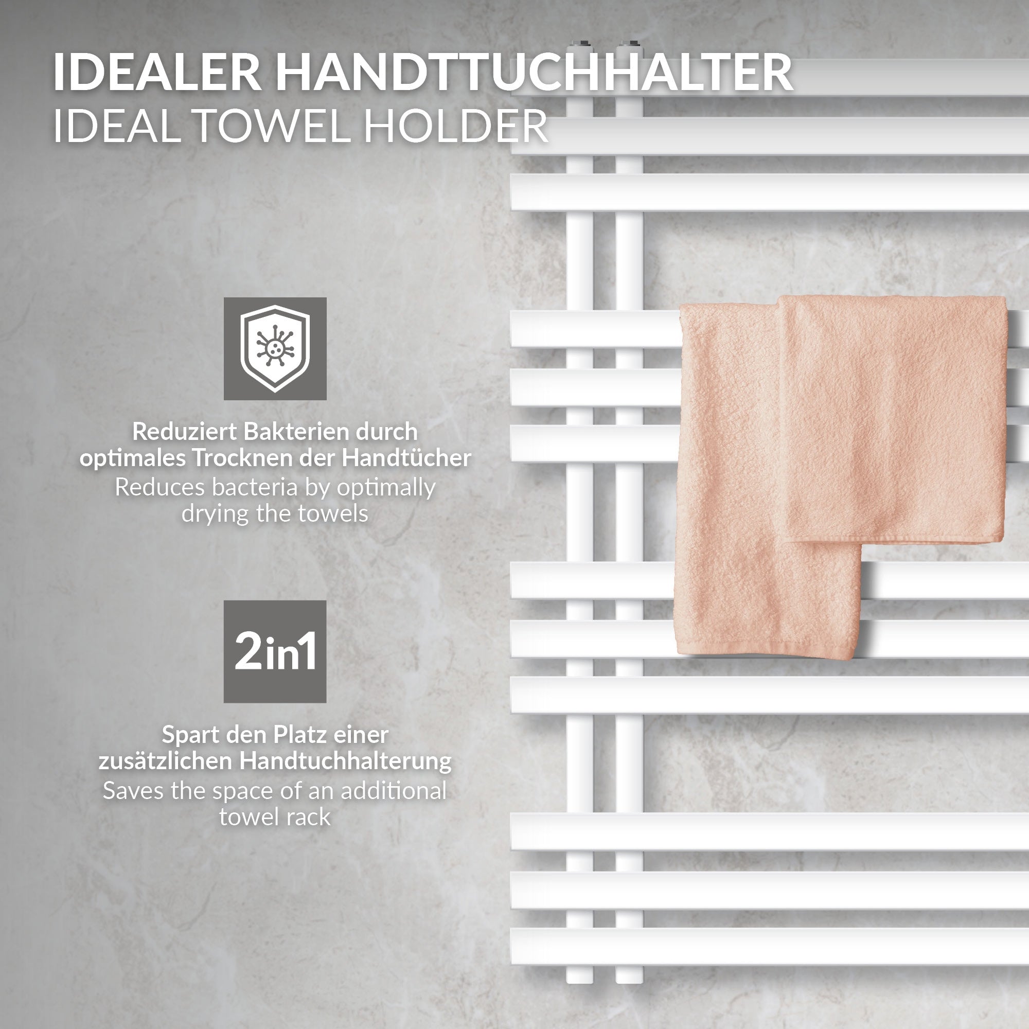 Handtuchhalter in Weiß, zeigt zwei Handtücher auf dem Heizkörper.
