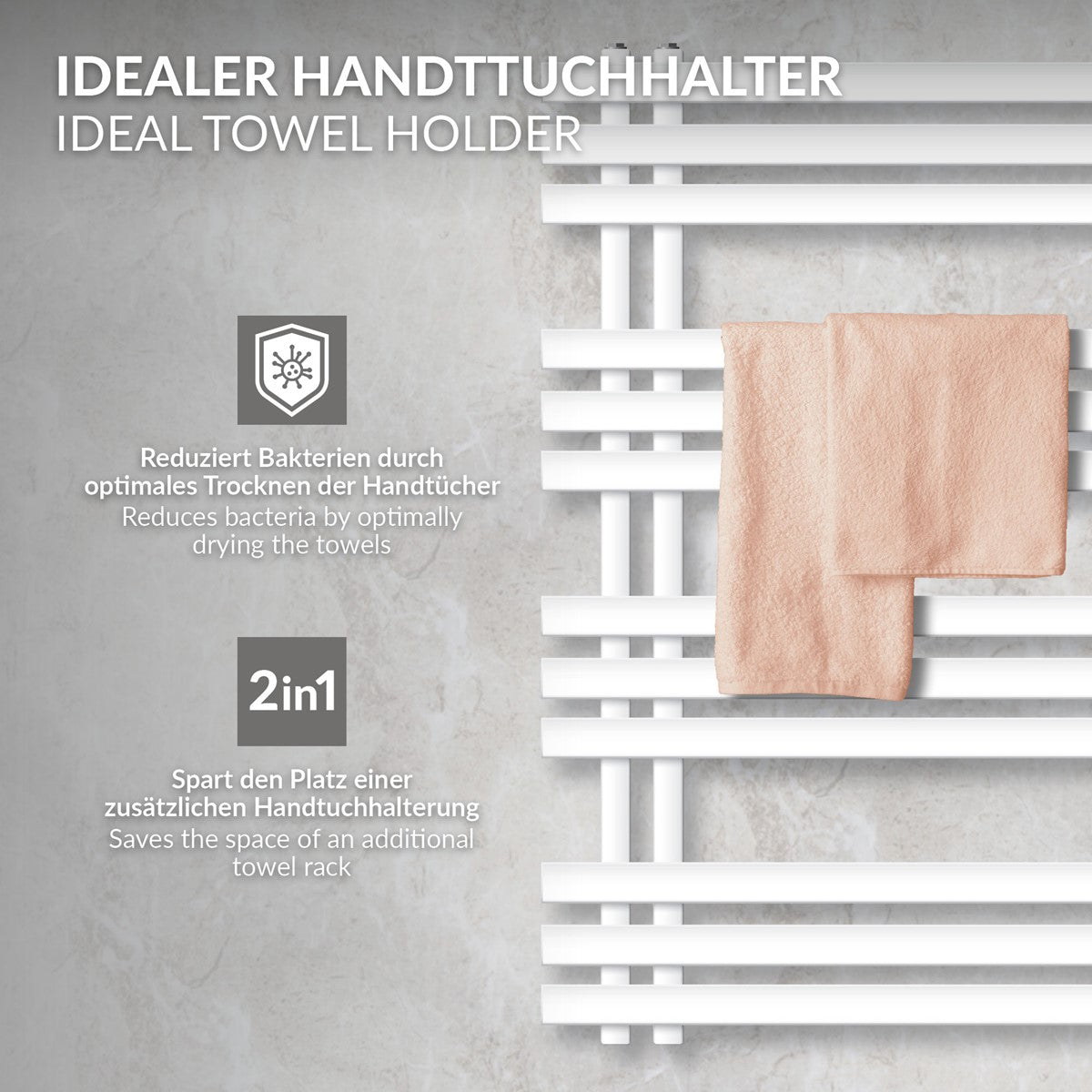 White towel rail, showing two towels on the radiator.