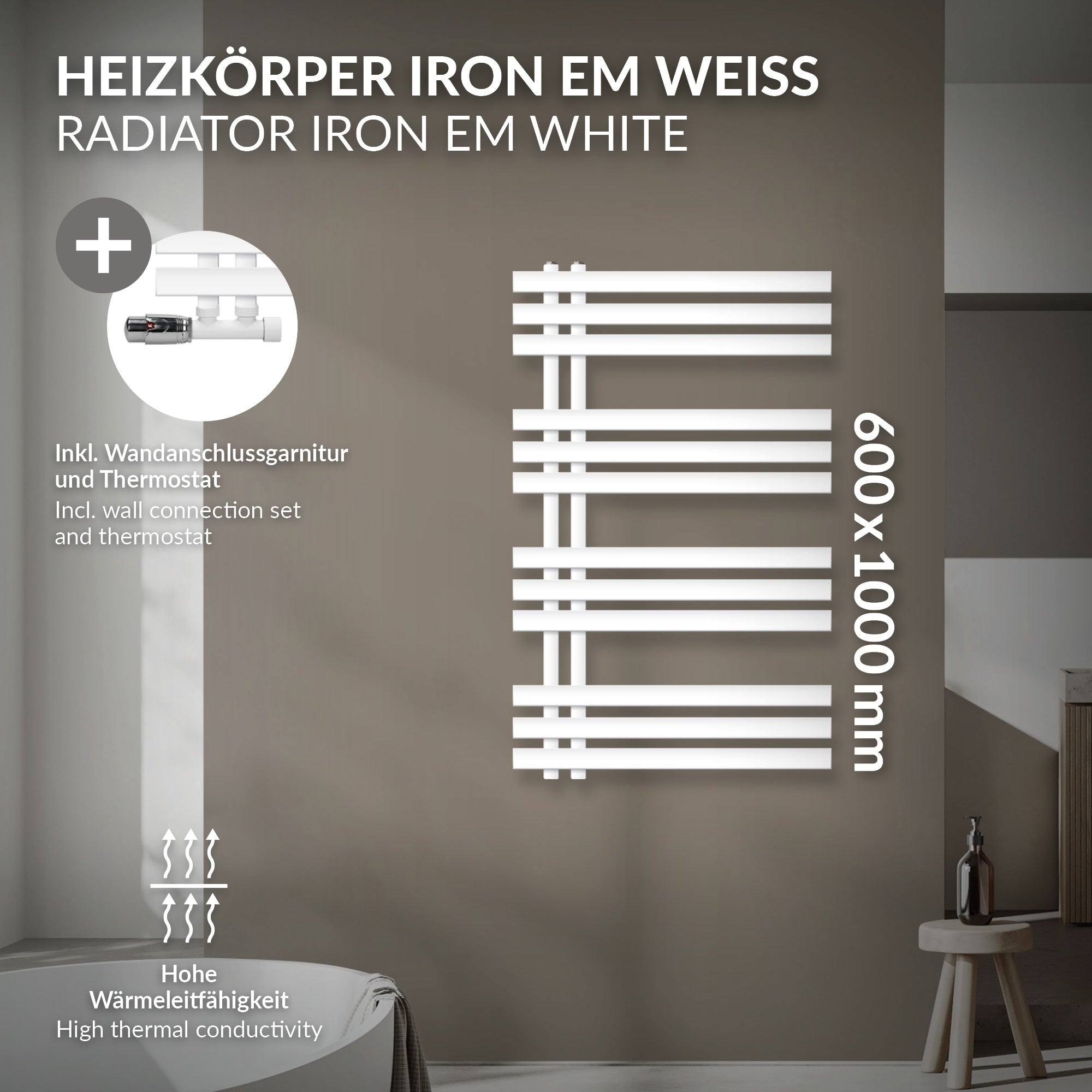 Heizkörper in Weiß mit Wandanschluss und Thermostat, 600x1000 mm.