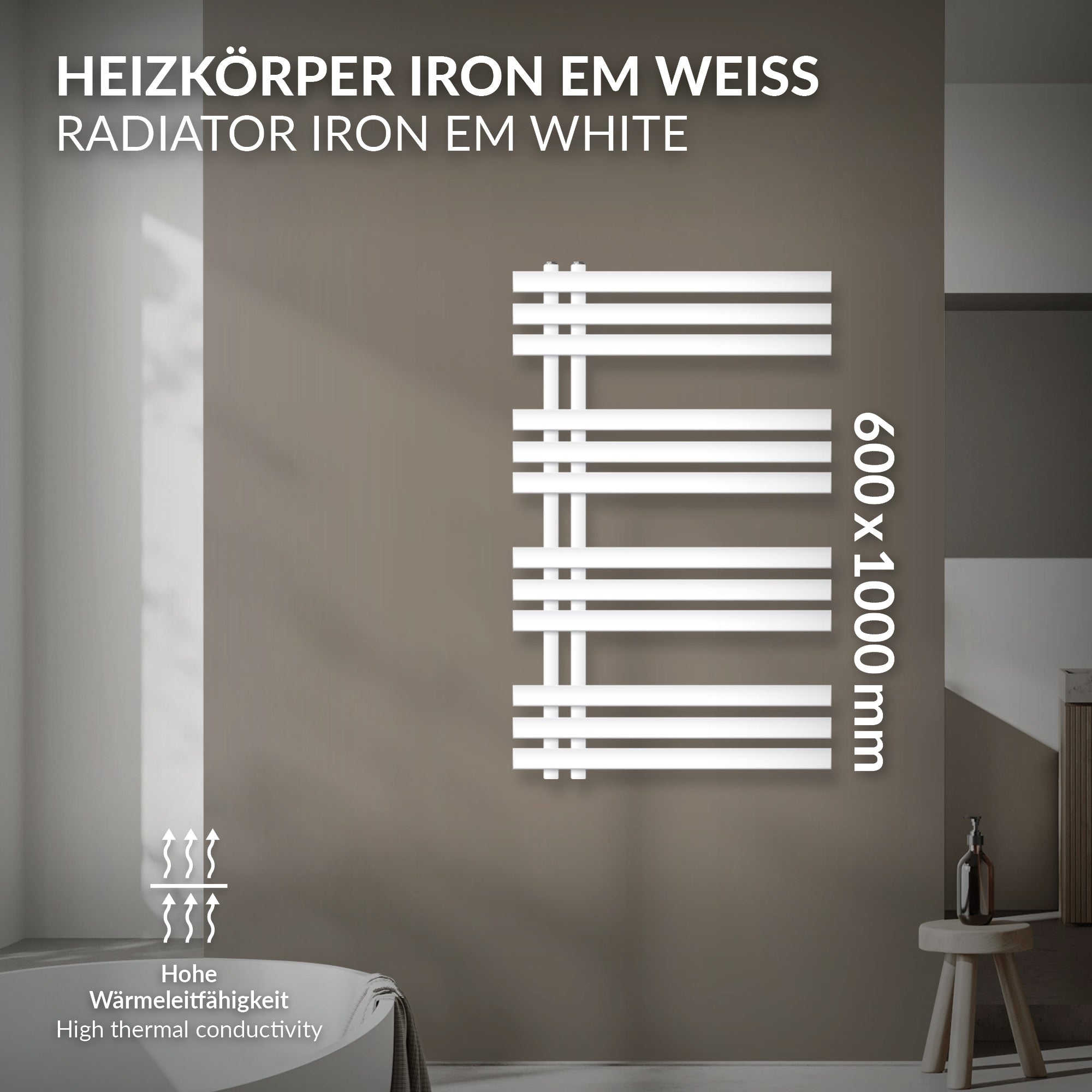 Weißer Heizkörper mit horizontalen Streben an einer Wand.