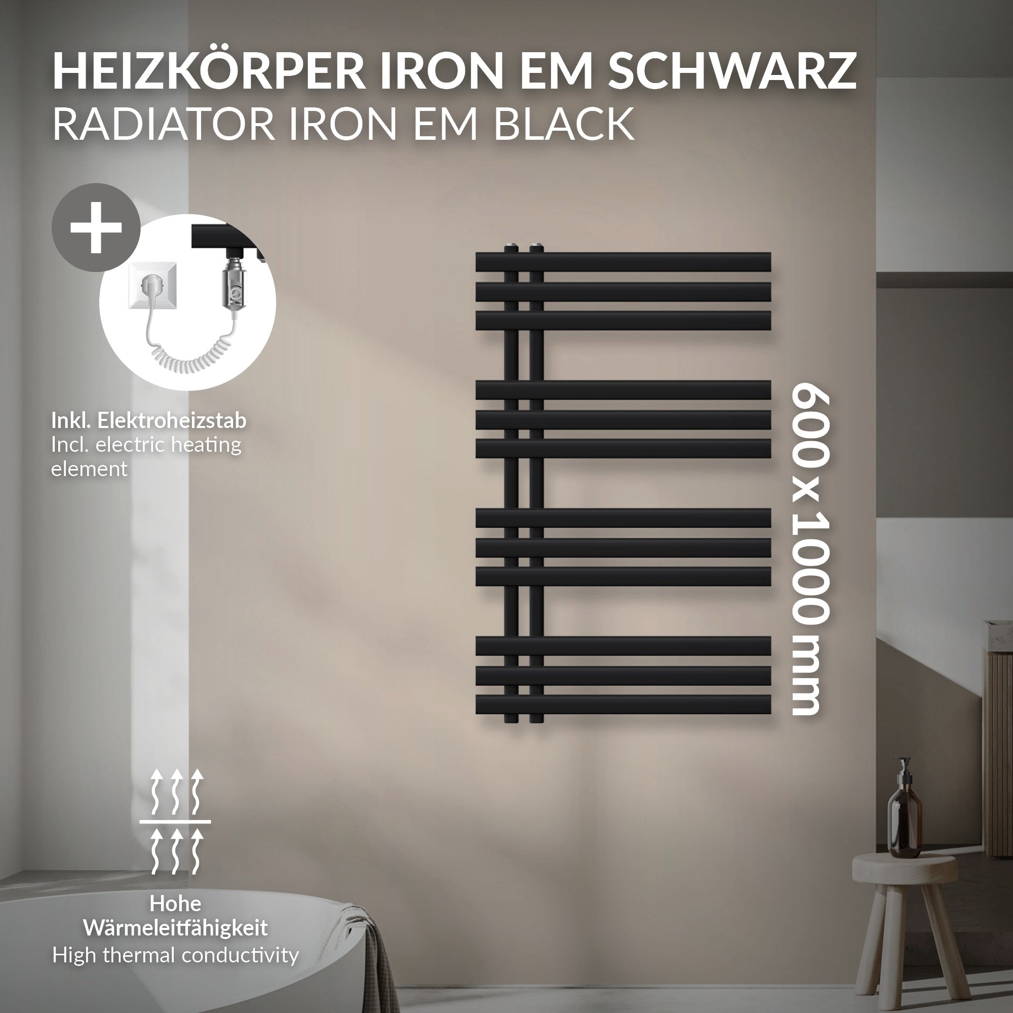 Fekete radiátor falra szerelhető csatlakozással és termosztáttal, 600x1000 mm.