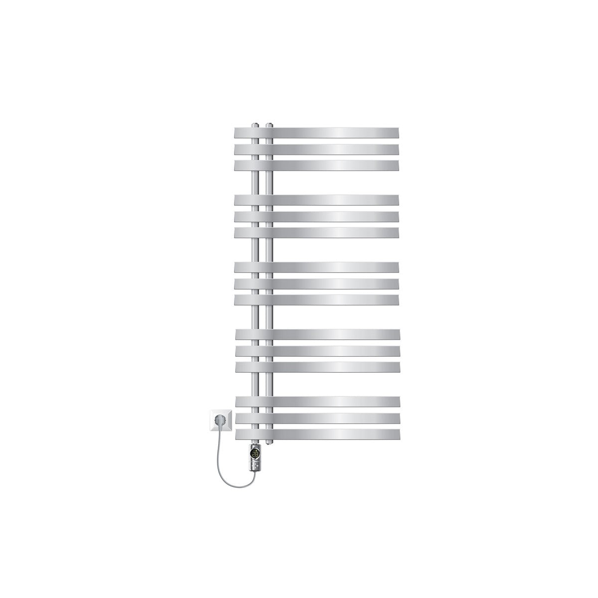 Kromfarvet radiator med mulighed for elektrisk tilslutning.