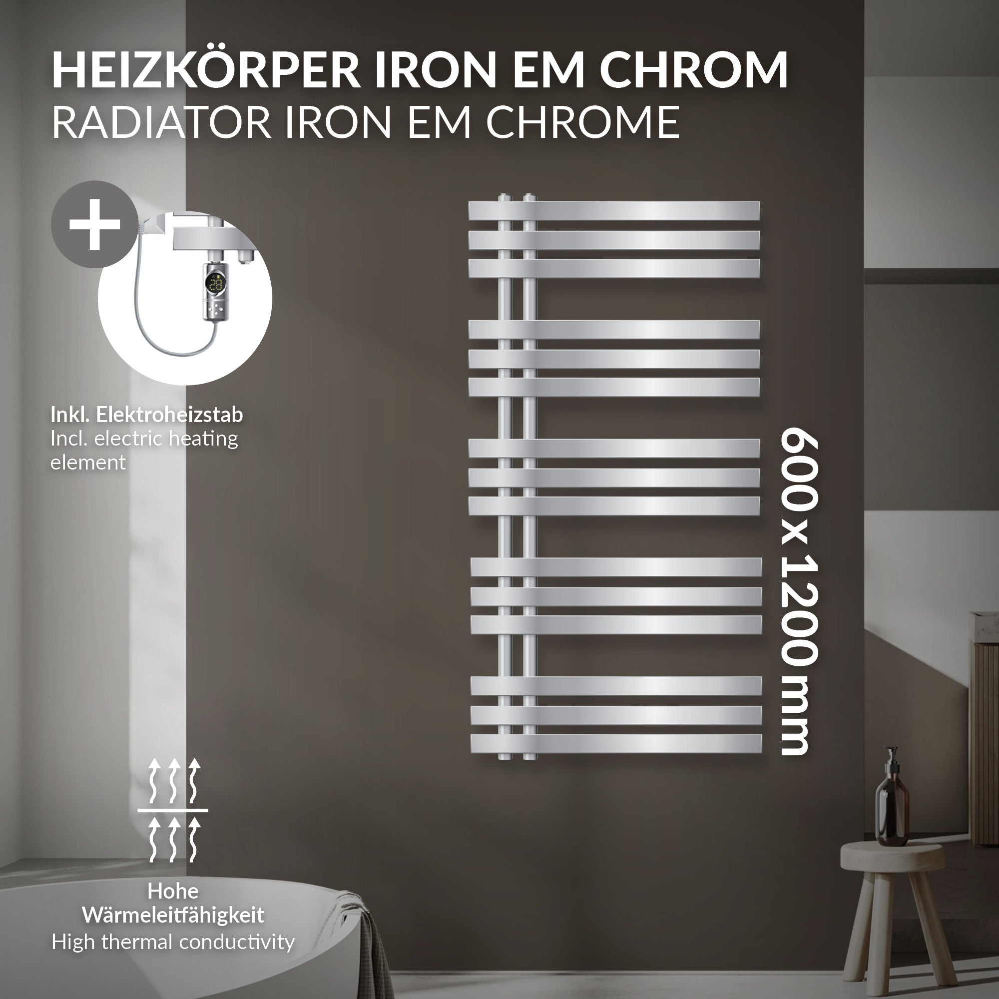 Chromfarbener Heizkörper mit Angaben zur Wärmeleitfähigkeit.
