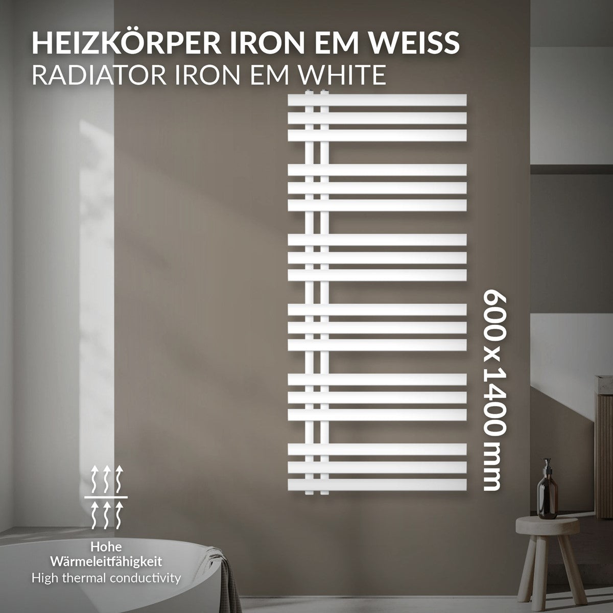 Heizkörper Iron EM in Weiß, 600x1400 mm, an einer Wand.