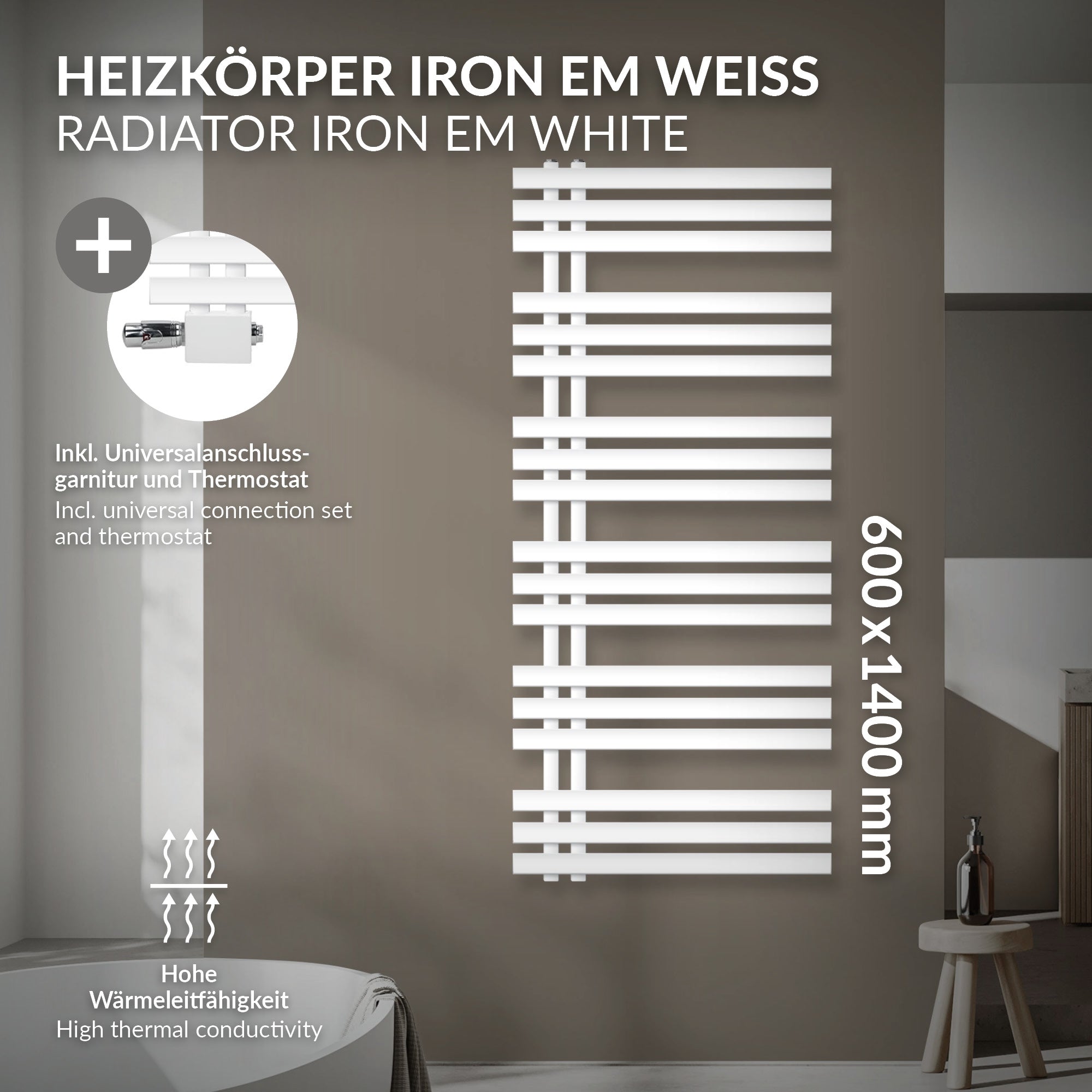 Heizkörper IRON EM in Weiß, 600x1400 mm, mit Anschlussgarnitur und Thermostat.