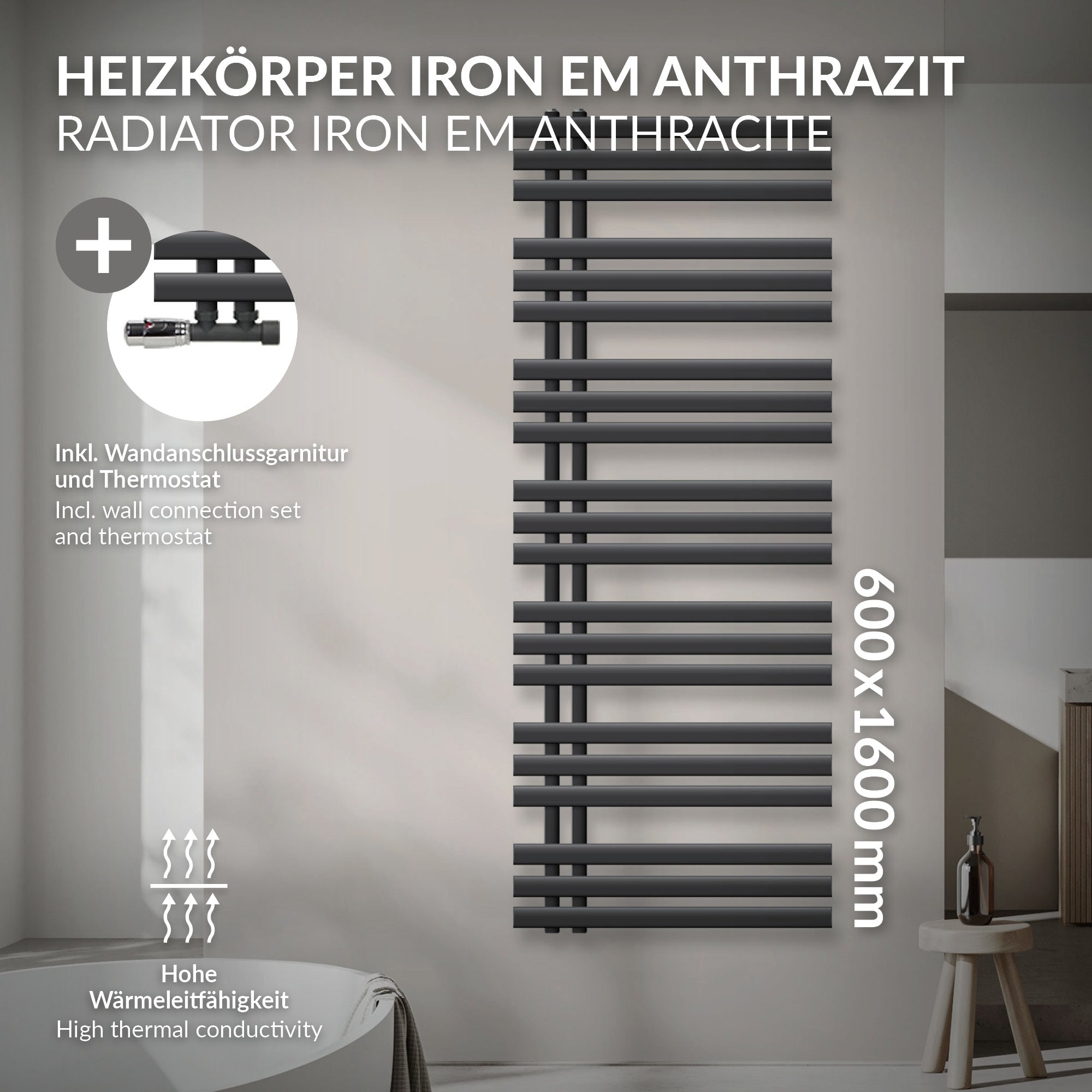 Dark gray radiator with vertical fins.