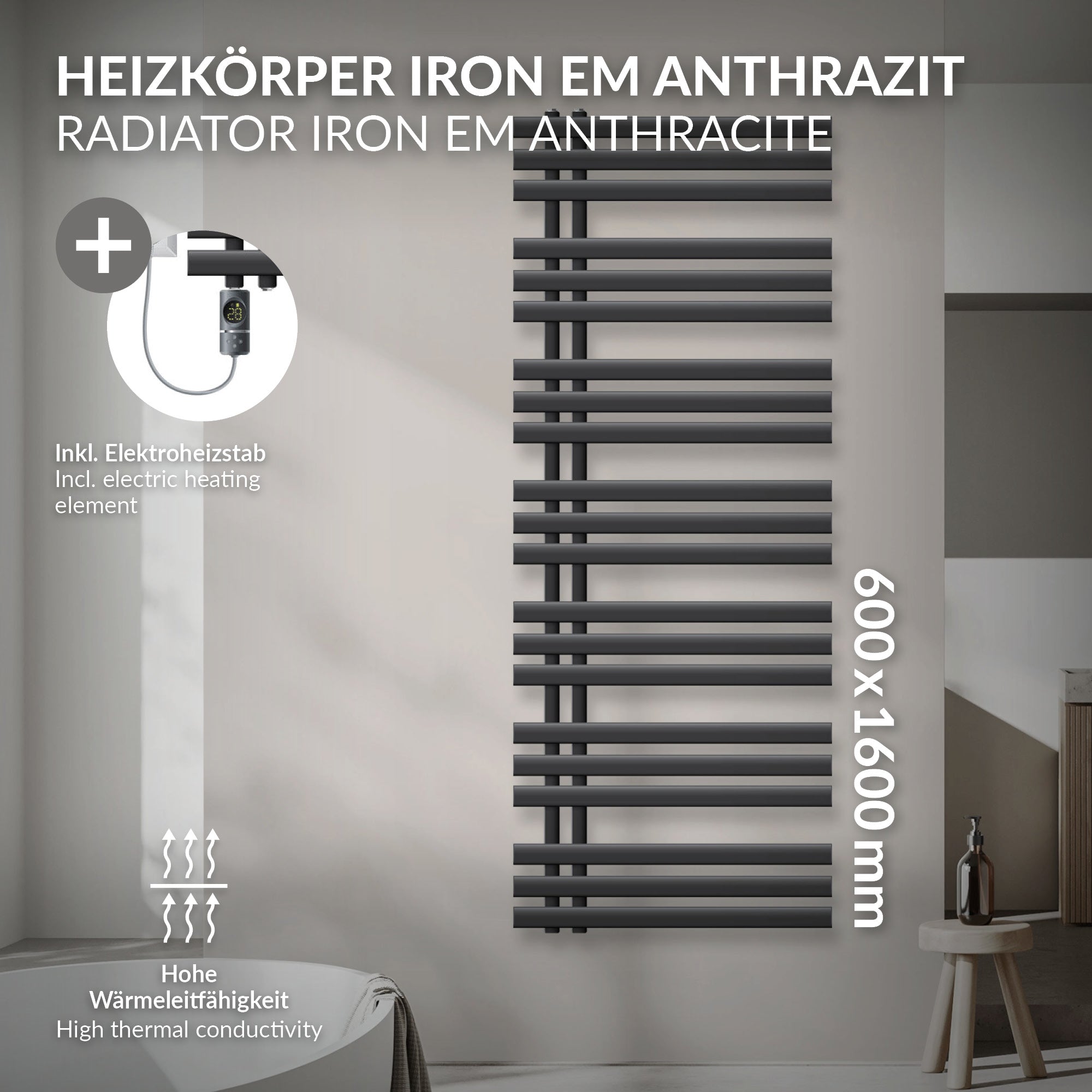 Ein anthrazitfarbener Heizkörper mit elektrischen Heizstab an einer Wand.