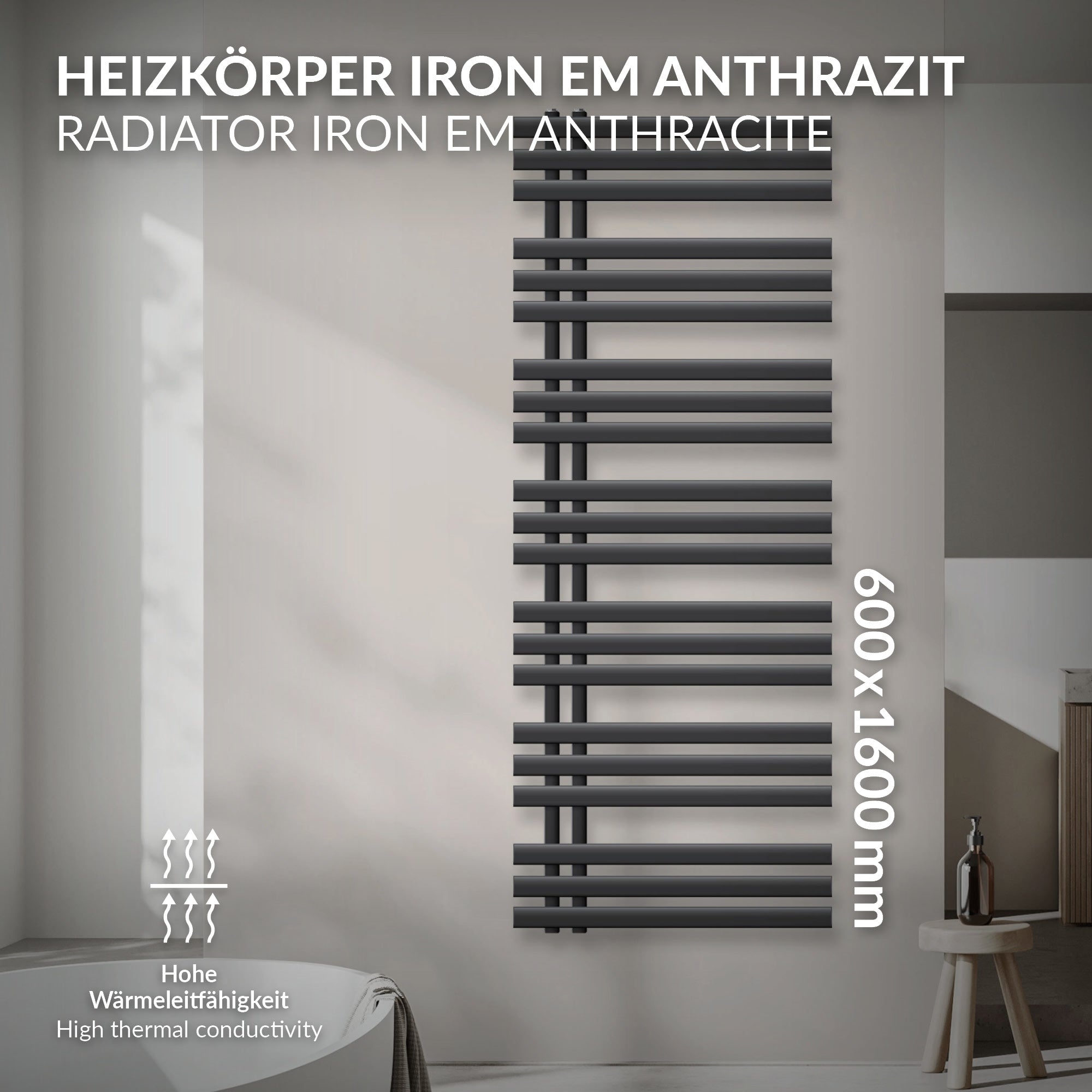 Anthrazitfarbener Heizkörper mit horizontalen und vertikalen Rohren.