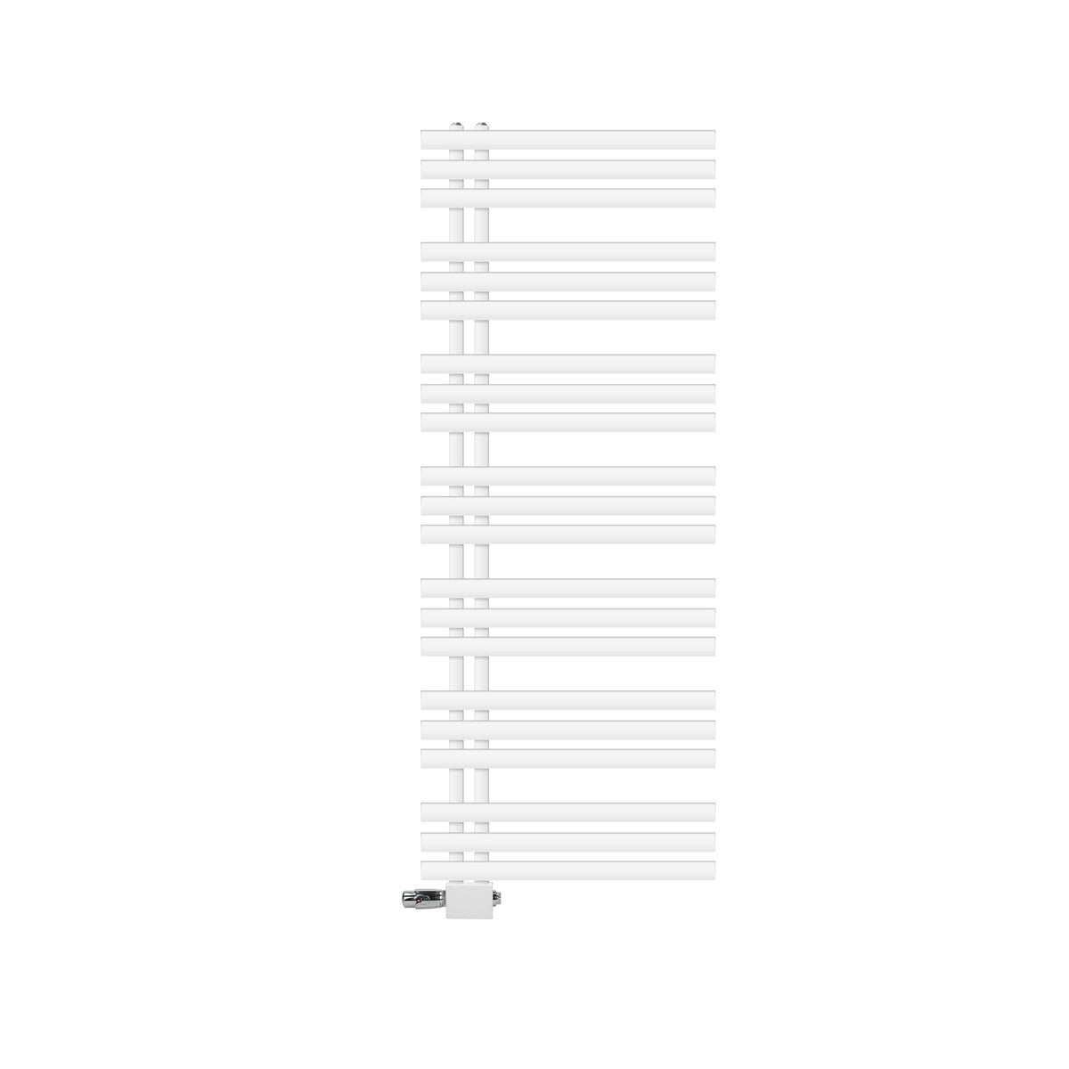 Witte radiator tegen een neutrale achtergrond.