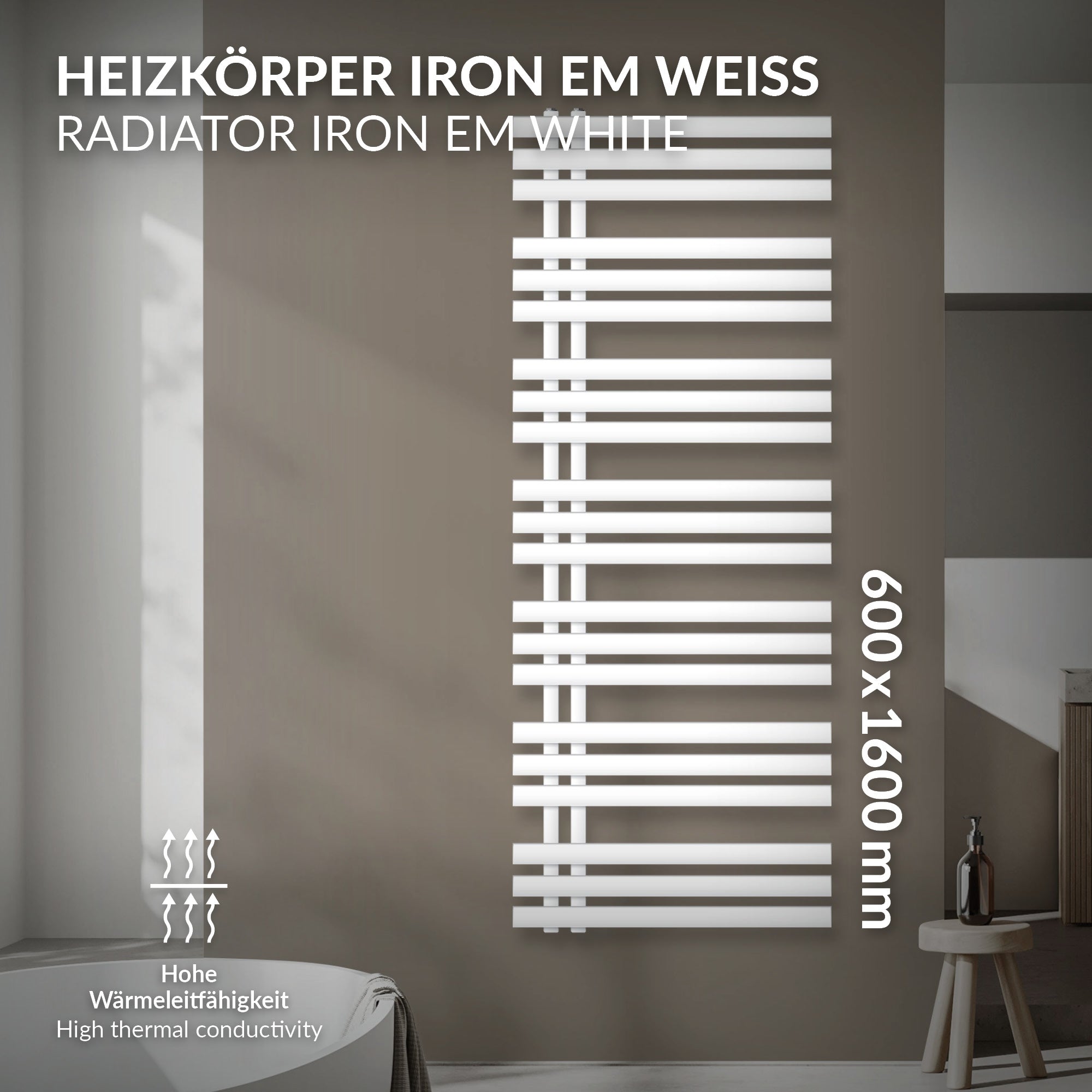 Weißer Heizkörper an einer Wand, mit technischen Informationen und Symbolen.