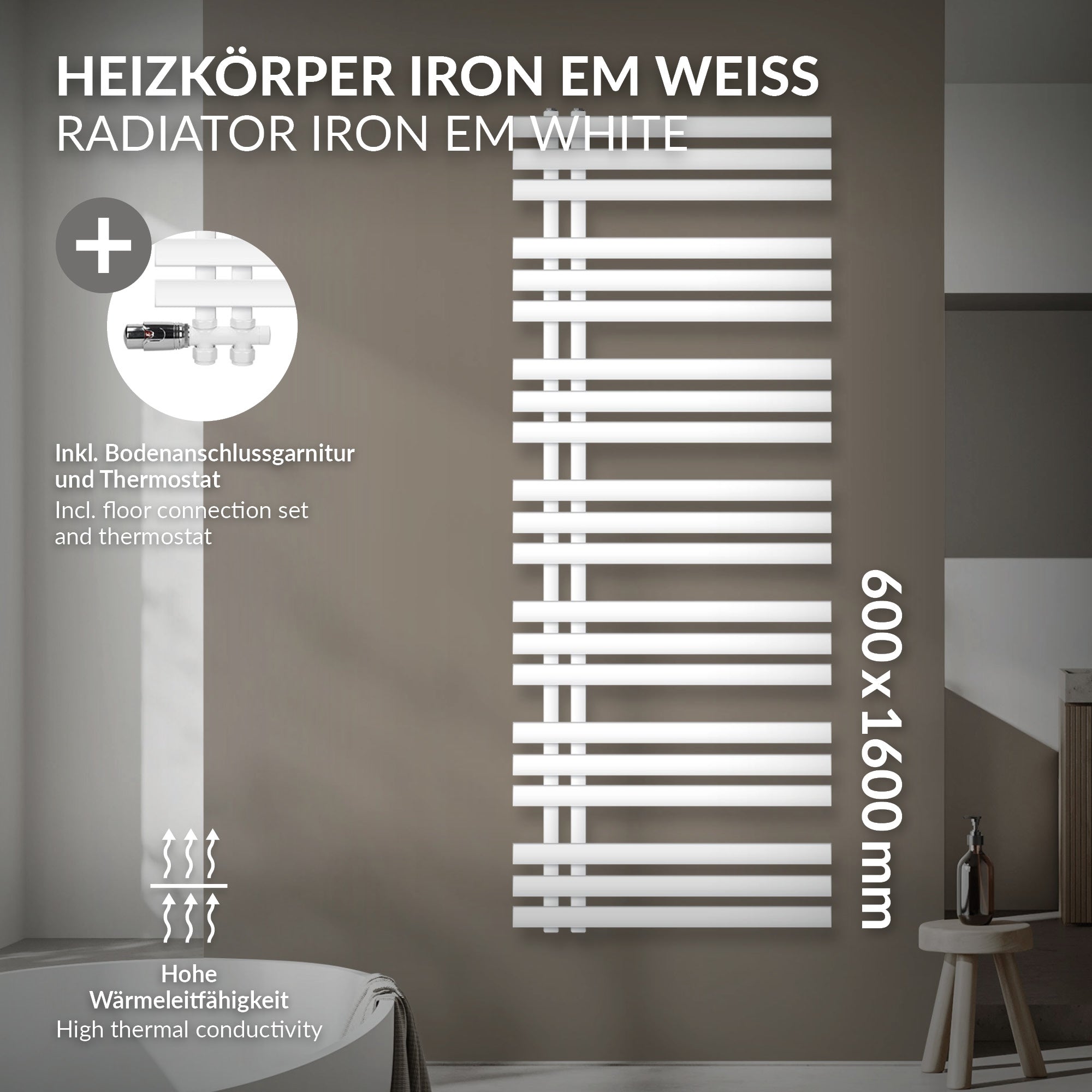 Fehér radiátor egy falon, műszaki részletekkel és szimbólumokkal.