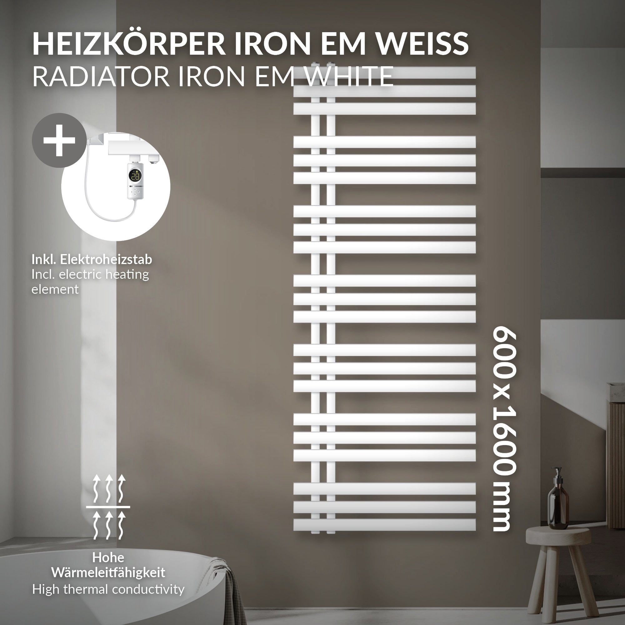 Fehér fűtőtest elektromos fűtőszállal, függőlegesen falra szerelve.
