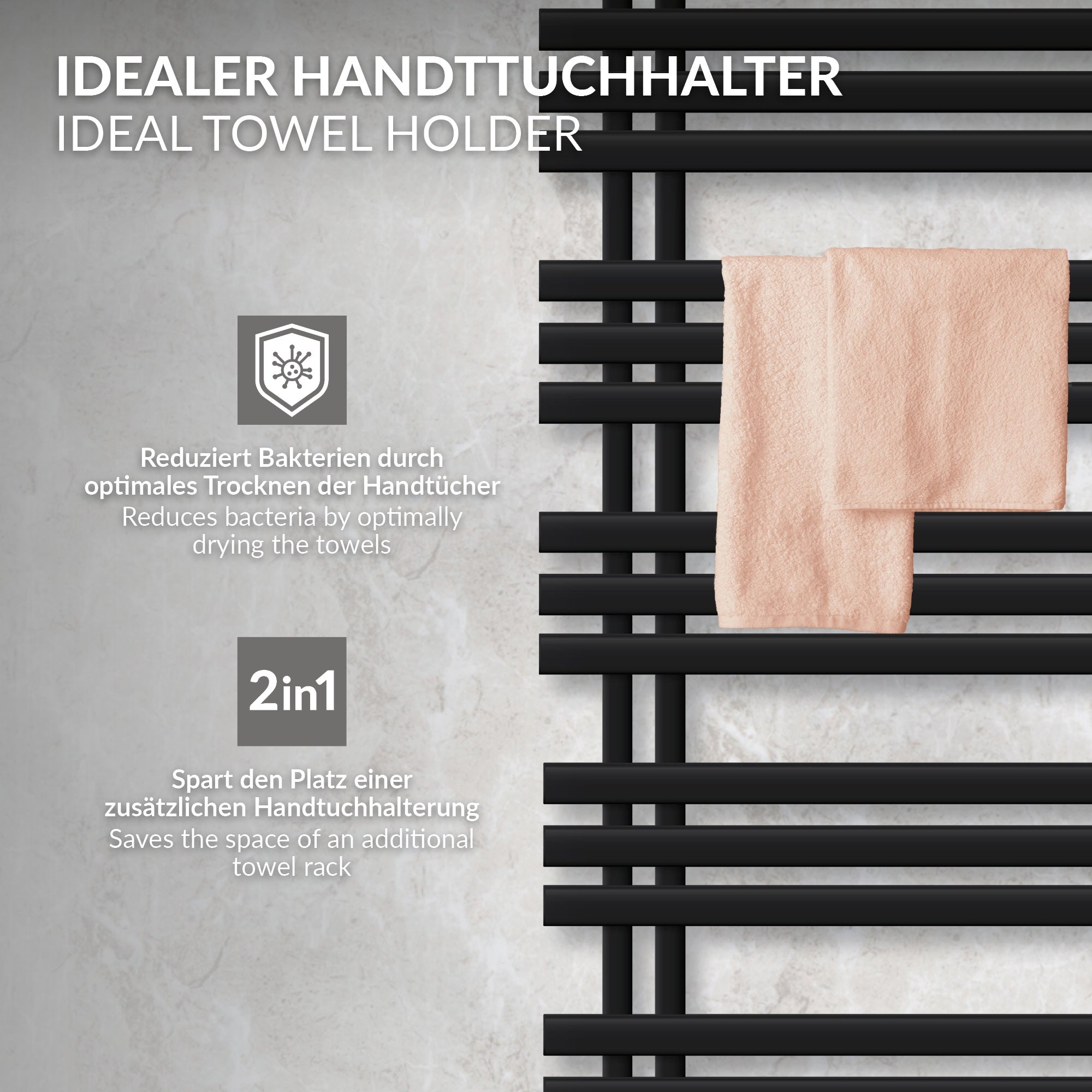 Black towel holder with two towels, on a light background.
