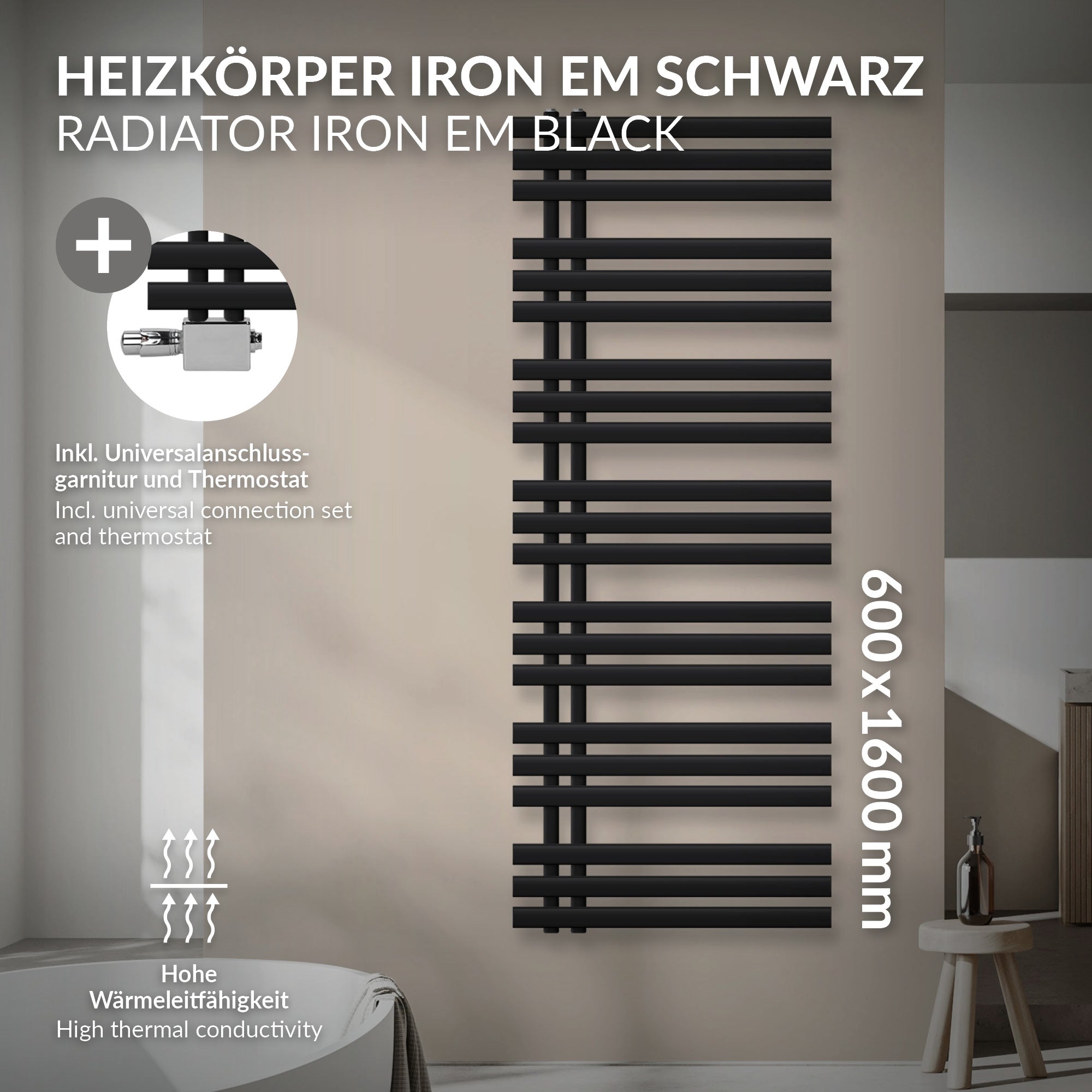 Černý radiátor s horizontálními a vertikálními příčkami, rozměry 600x1600 mm.
