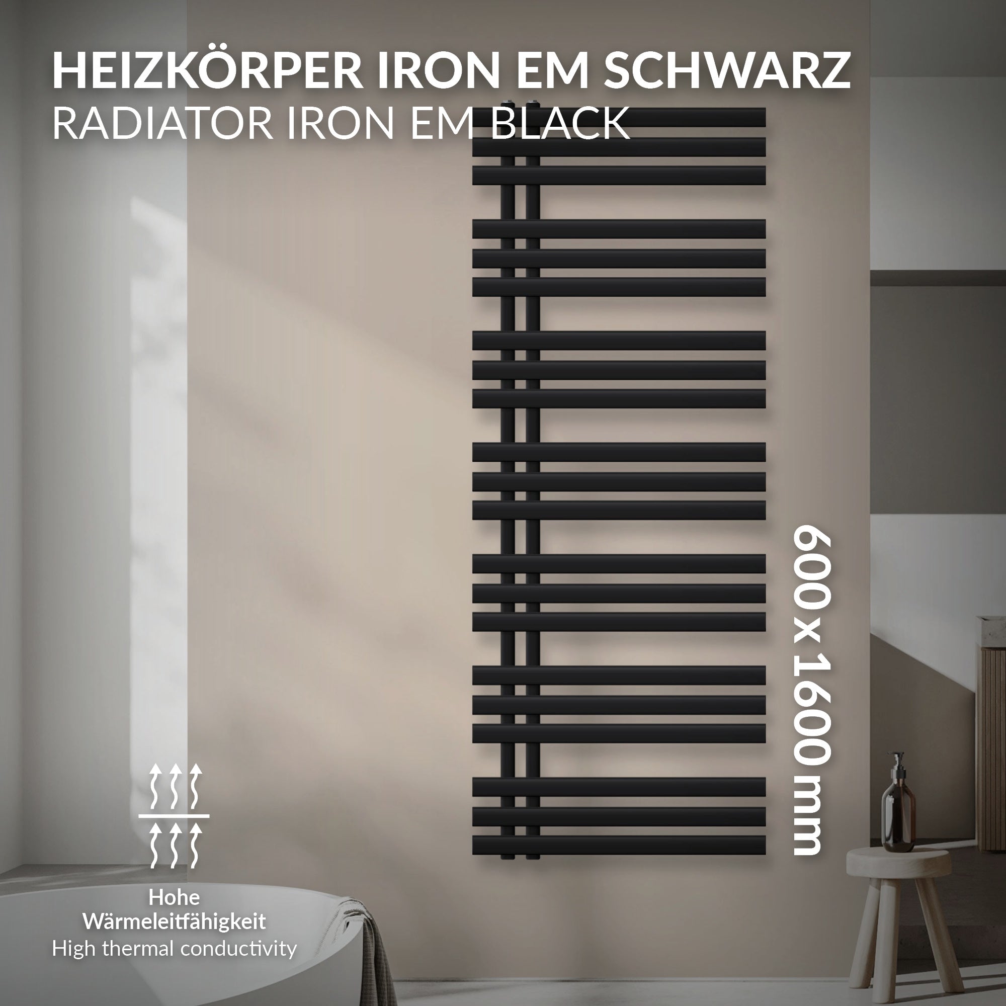 Heizkörper Iron EM Schwarz, 600x1600 mm, an einer Wand montiert.