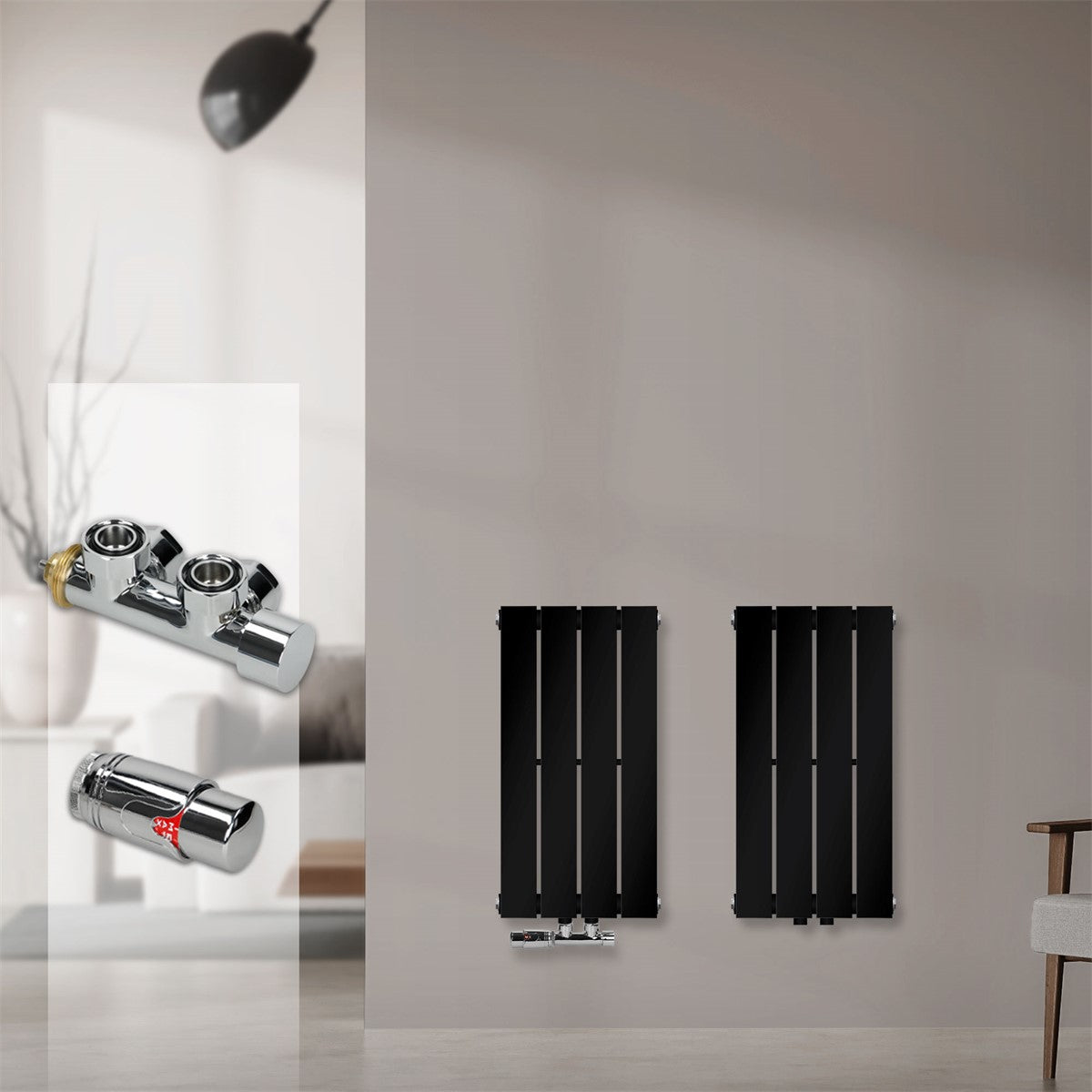 Two black radiators on a wall, with radiator valves beside them.