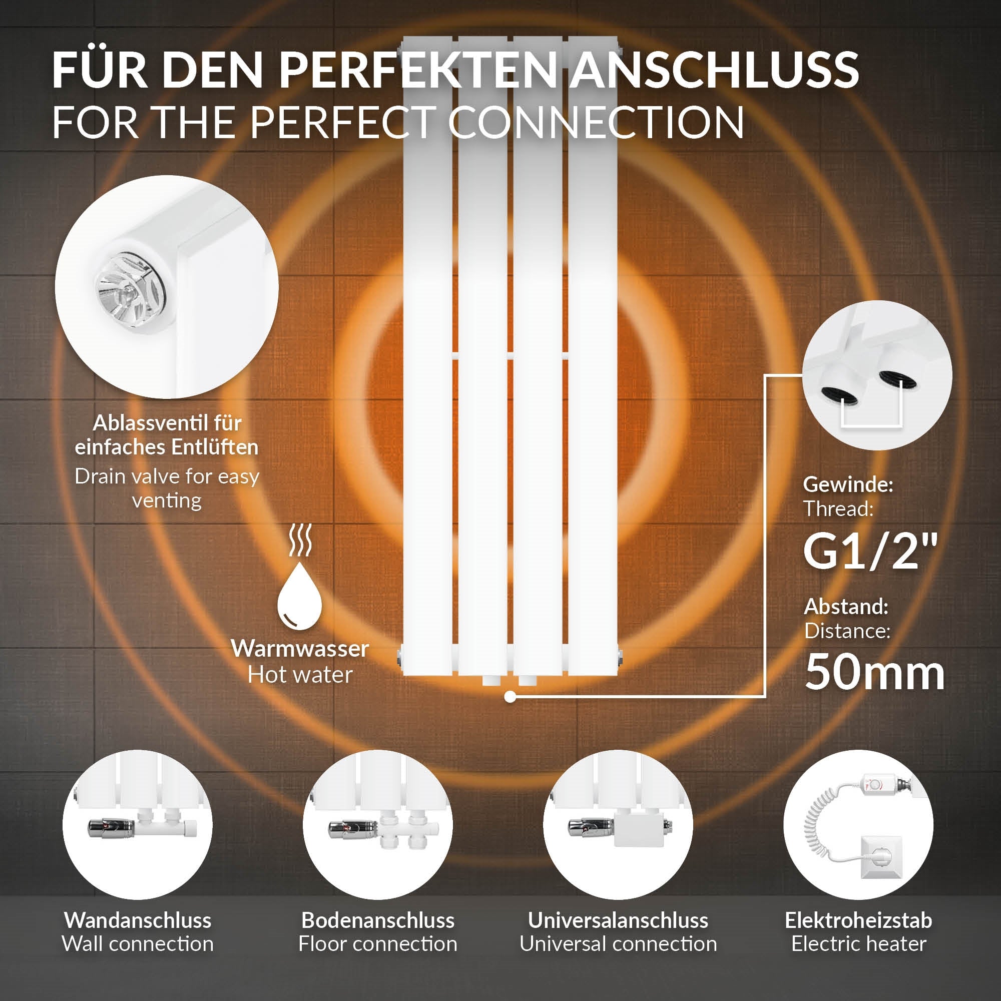 Weißes Heizkörperpaneel mit vertikalen Lamellen.