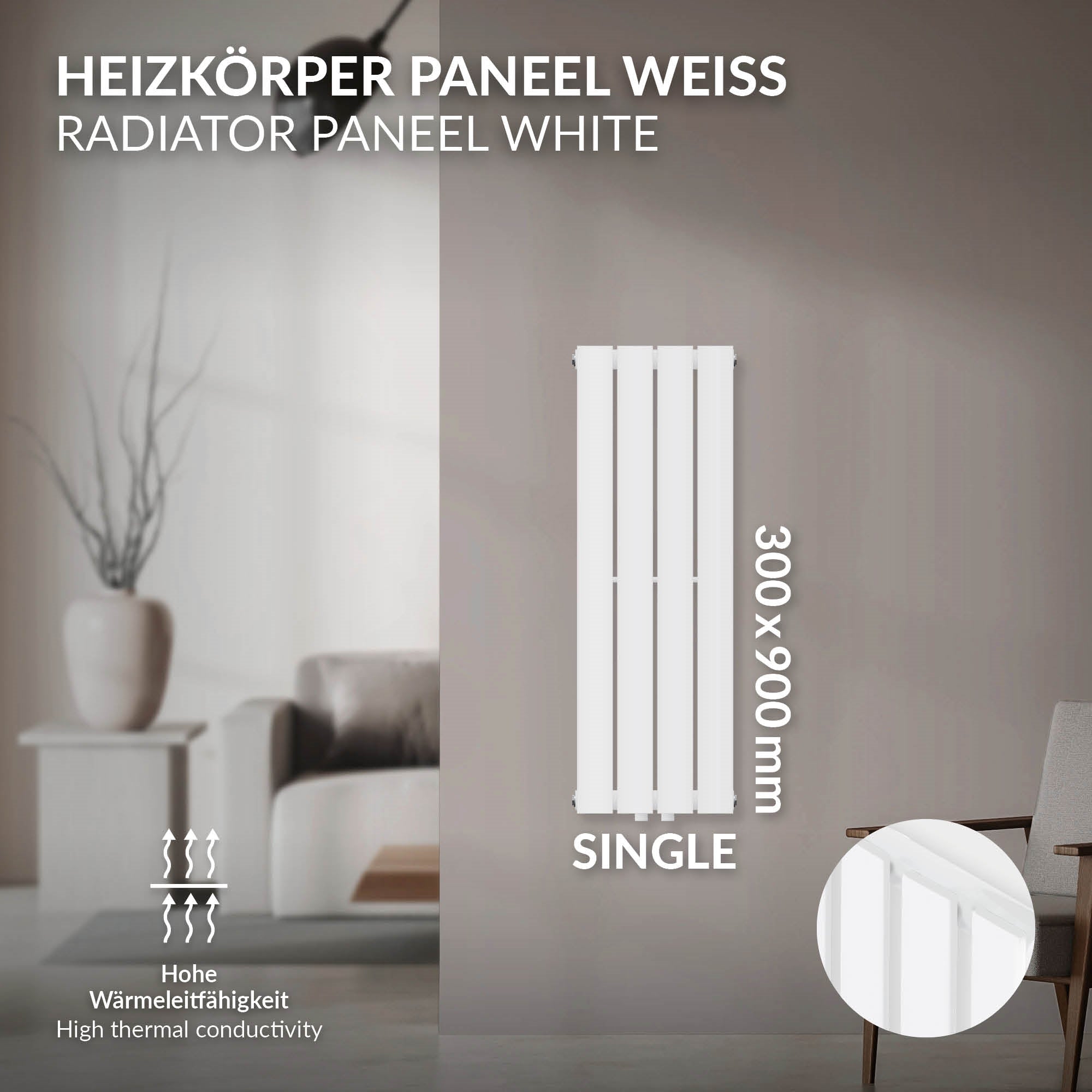Weißes Heizkörperpaneel mit vertikalen Lamellen.