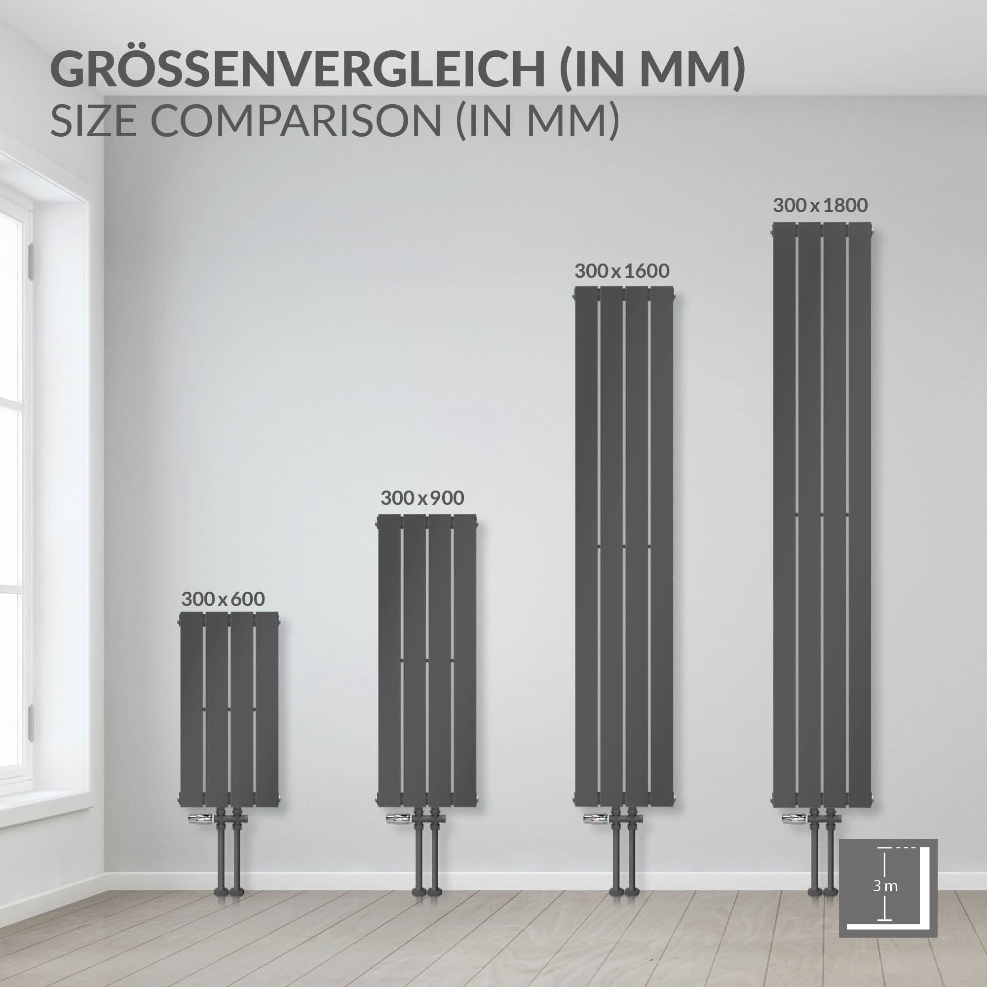 Anthrazitfarbenes Heizkörperpaneel an einer Wand, Maße 300x900 mm.