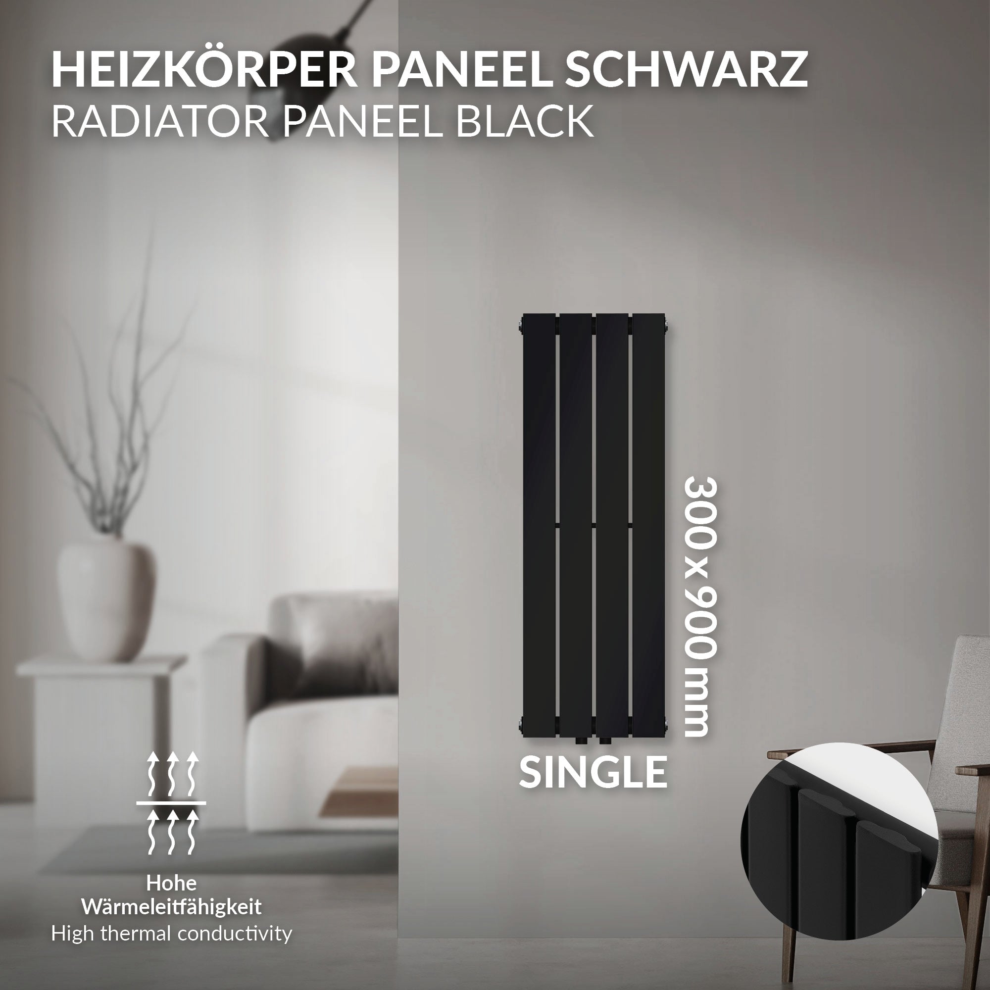 Black radiator panel with dimensions 300x900 mm.