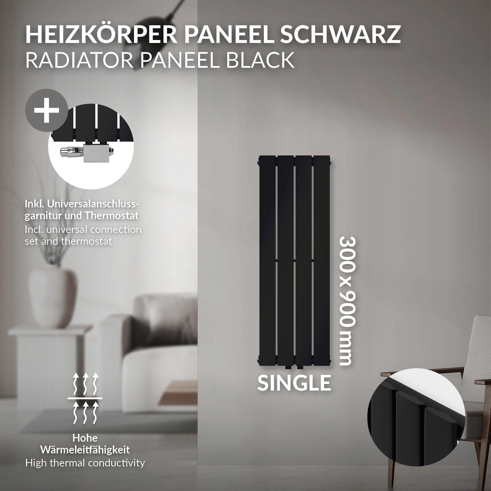 Black radiator panel on a wall, dimensions 300x900 mm.