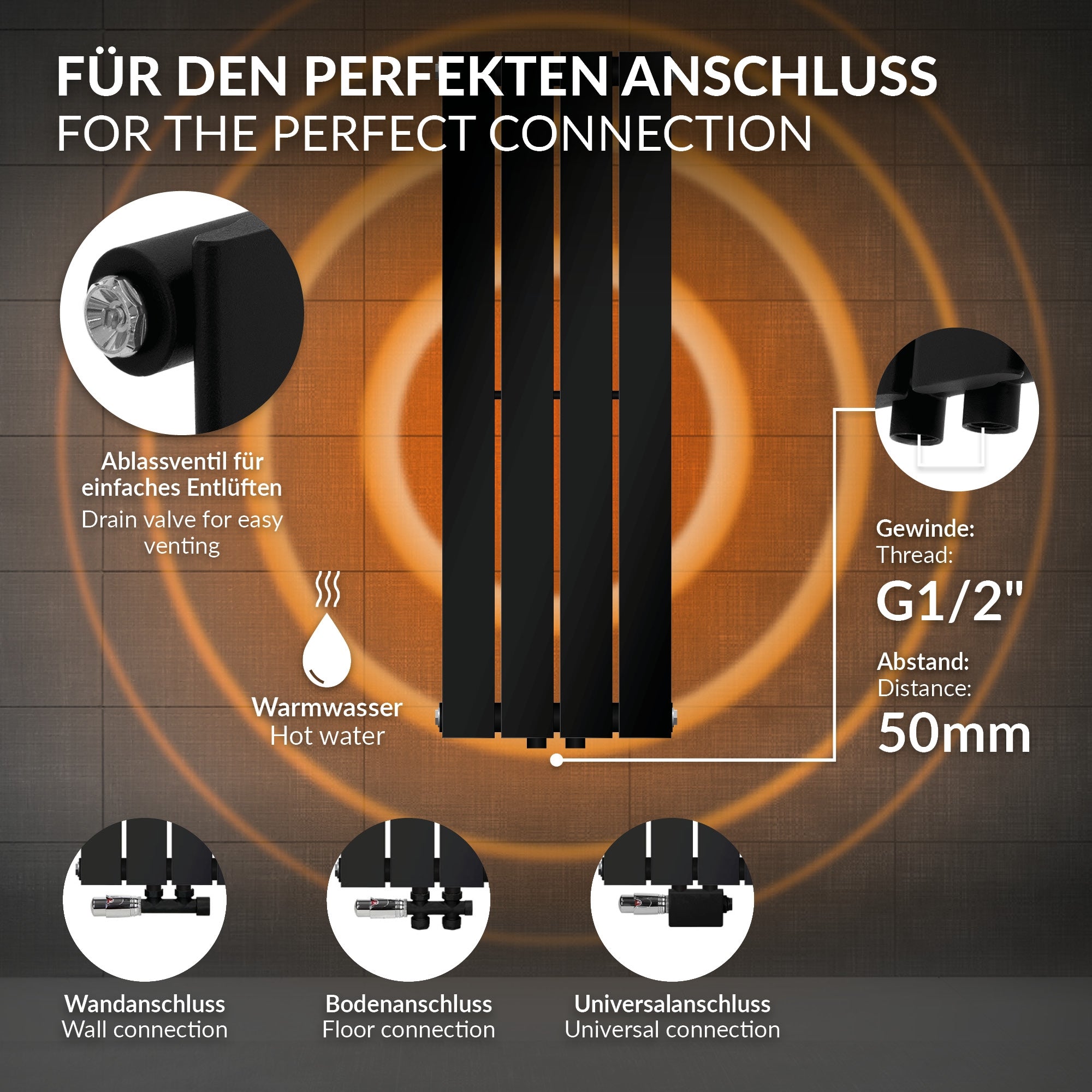 Fekete radiátorpanel 300x900 mm méretekkel.