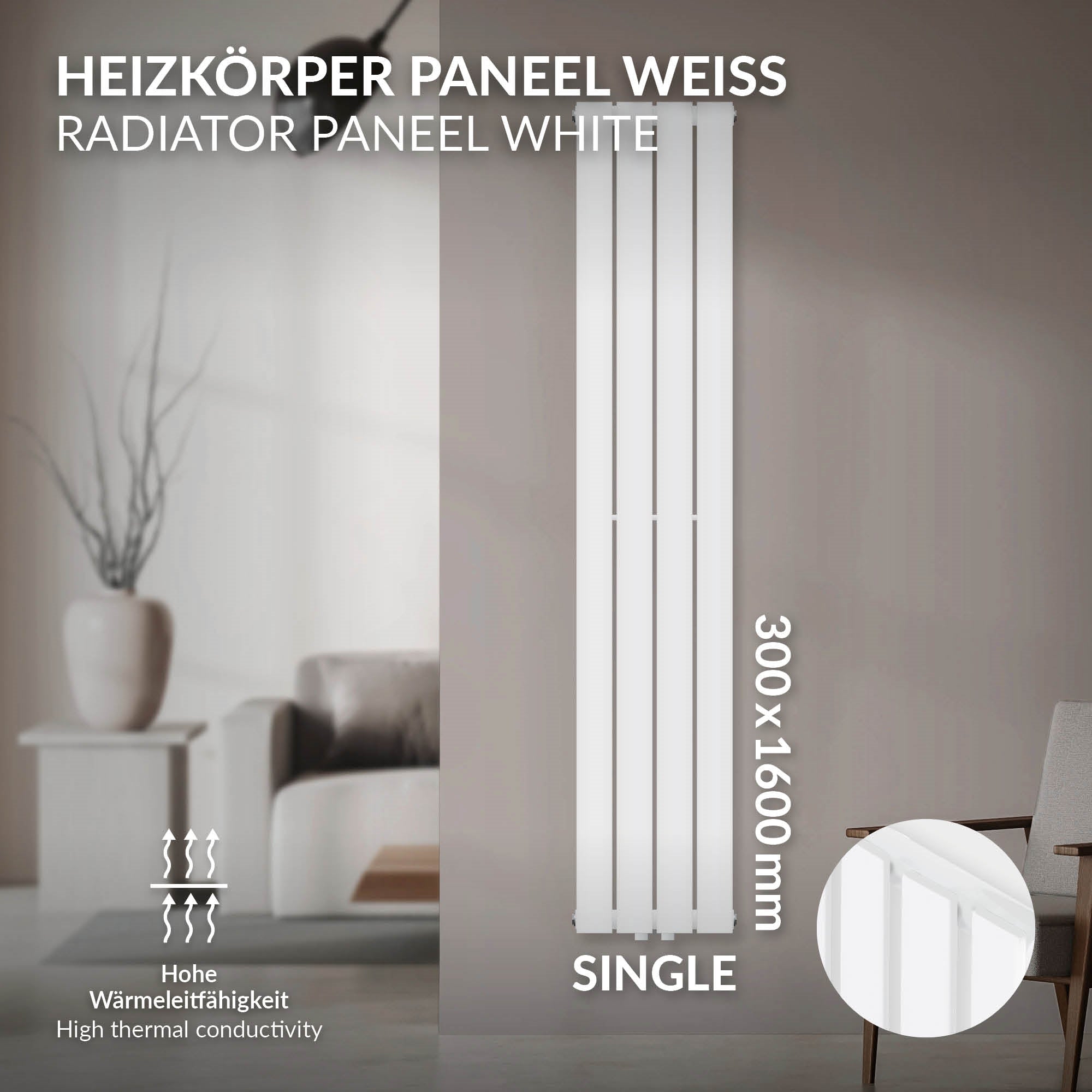 Weißer Heizkörper mit den Maßen 300x1600 mm an einer Wand.