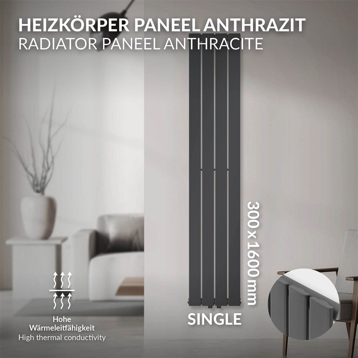 Radiator de culoare antracit, cu dimensiunile de 300 × 1600 mm, pe un perete.