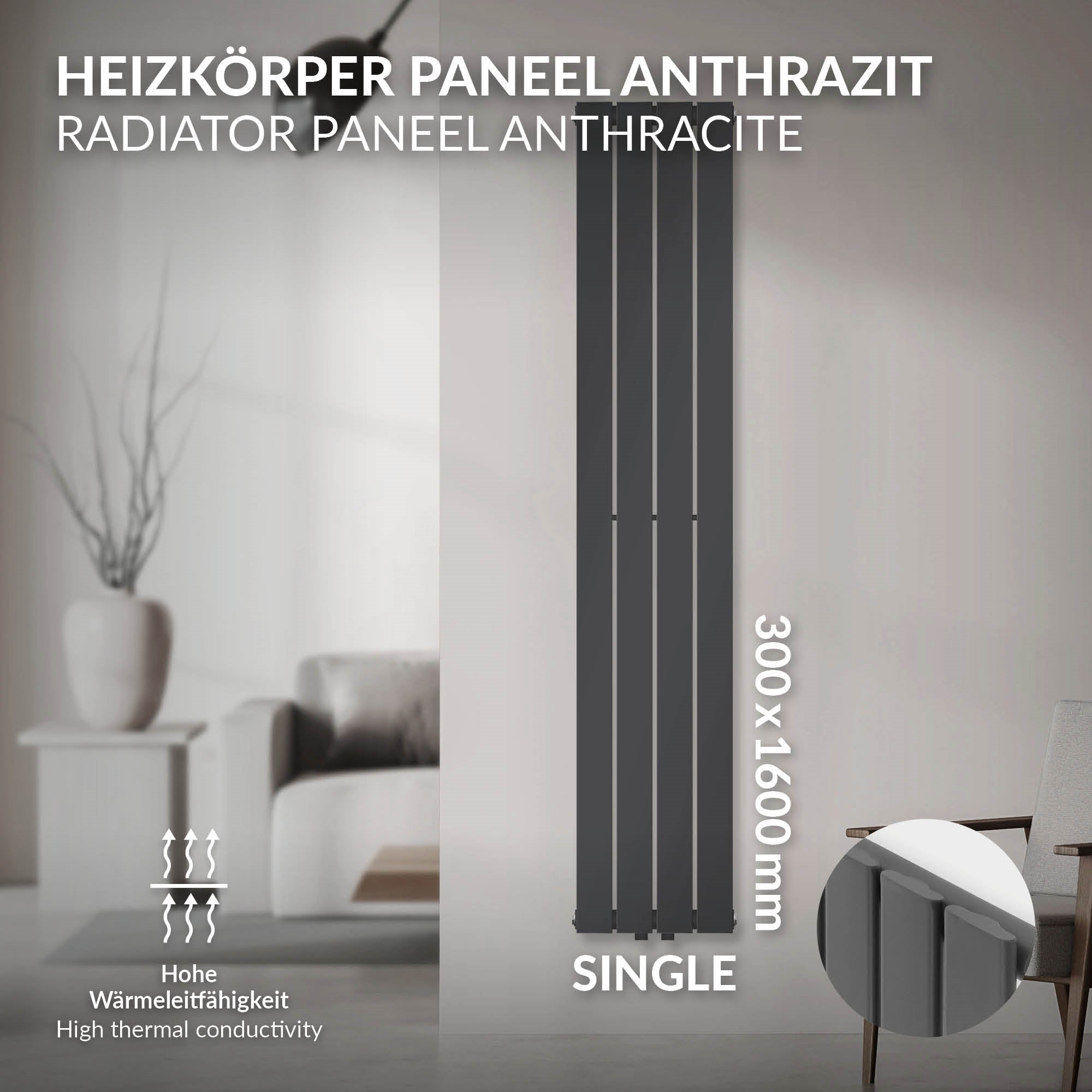 Antracit radiátor 300x1600 mm méretekkel egy falon.