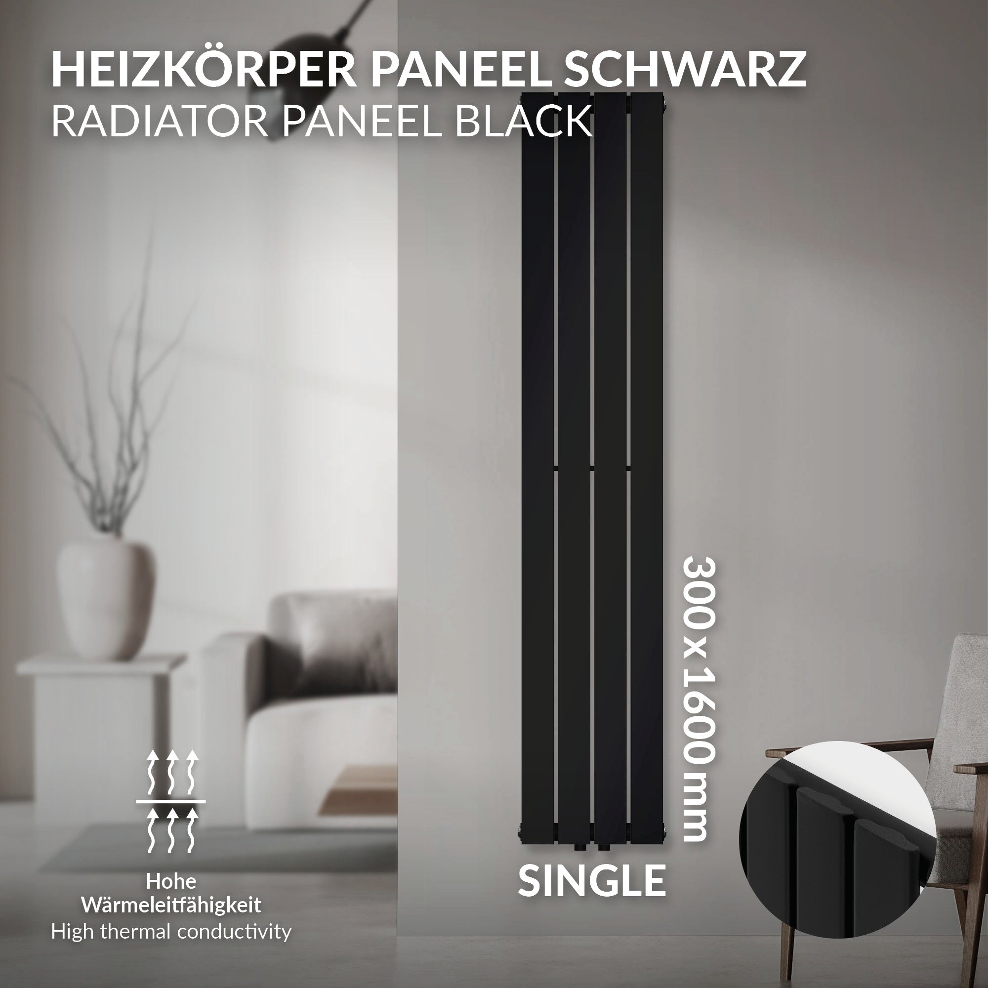 Panel de radiador negro con dimensiones de 300x1600 mm.