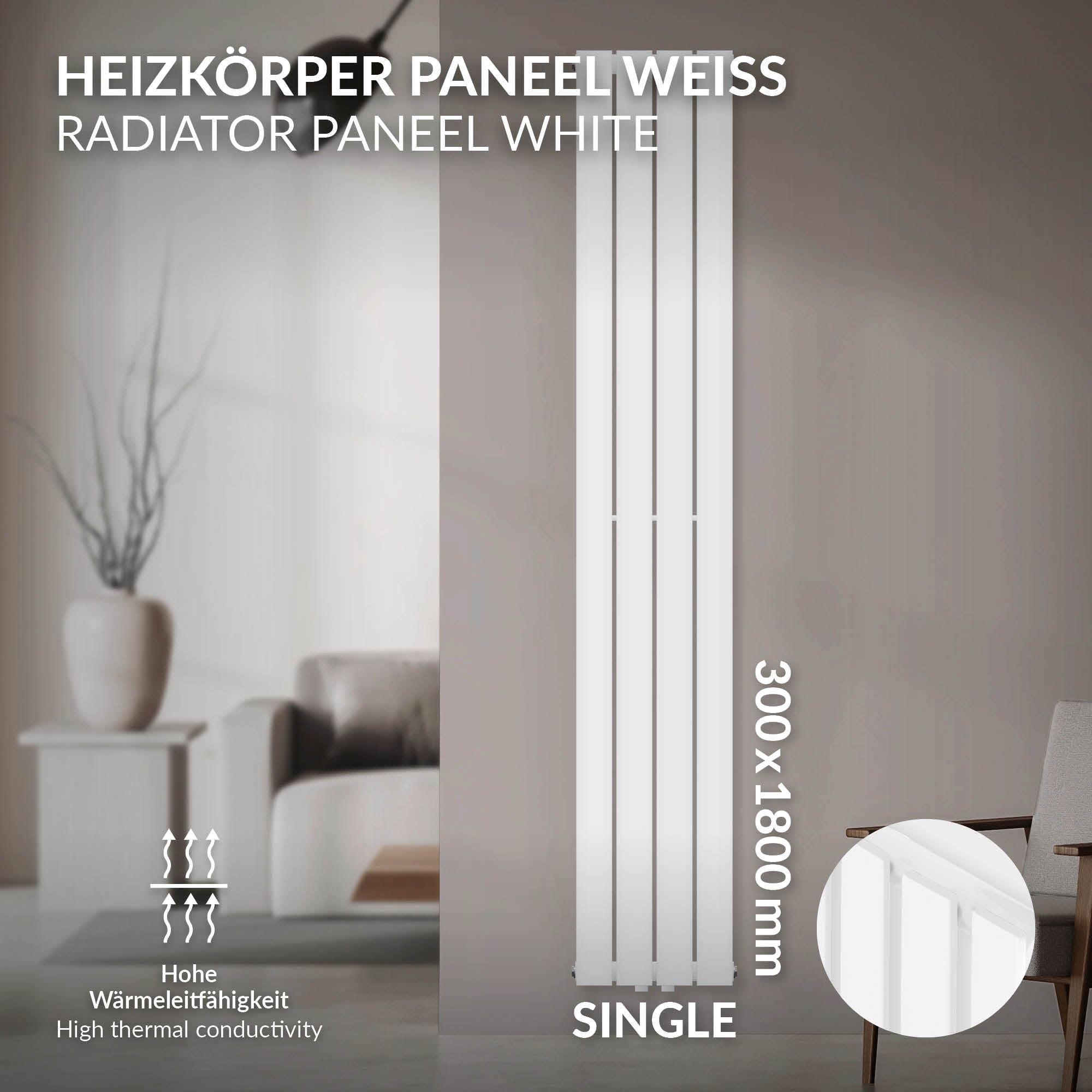 Weißer Heizkörper mit vertikalen Lamellen.