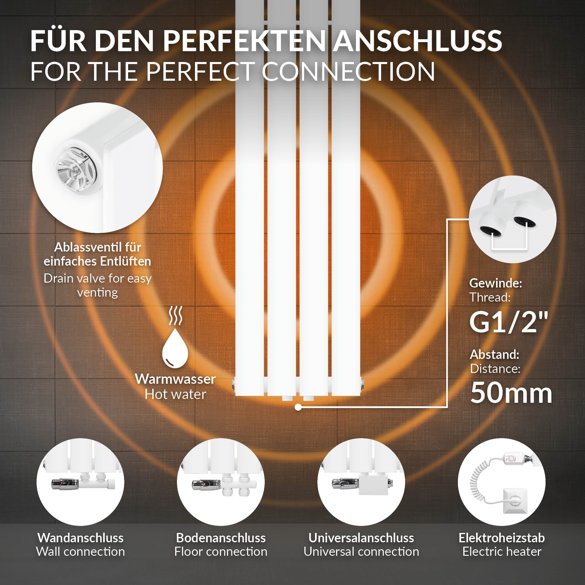 Weißes Heizkörperpaneel mit einem vertikalen Element.