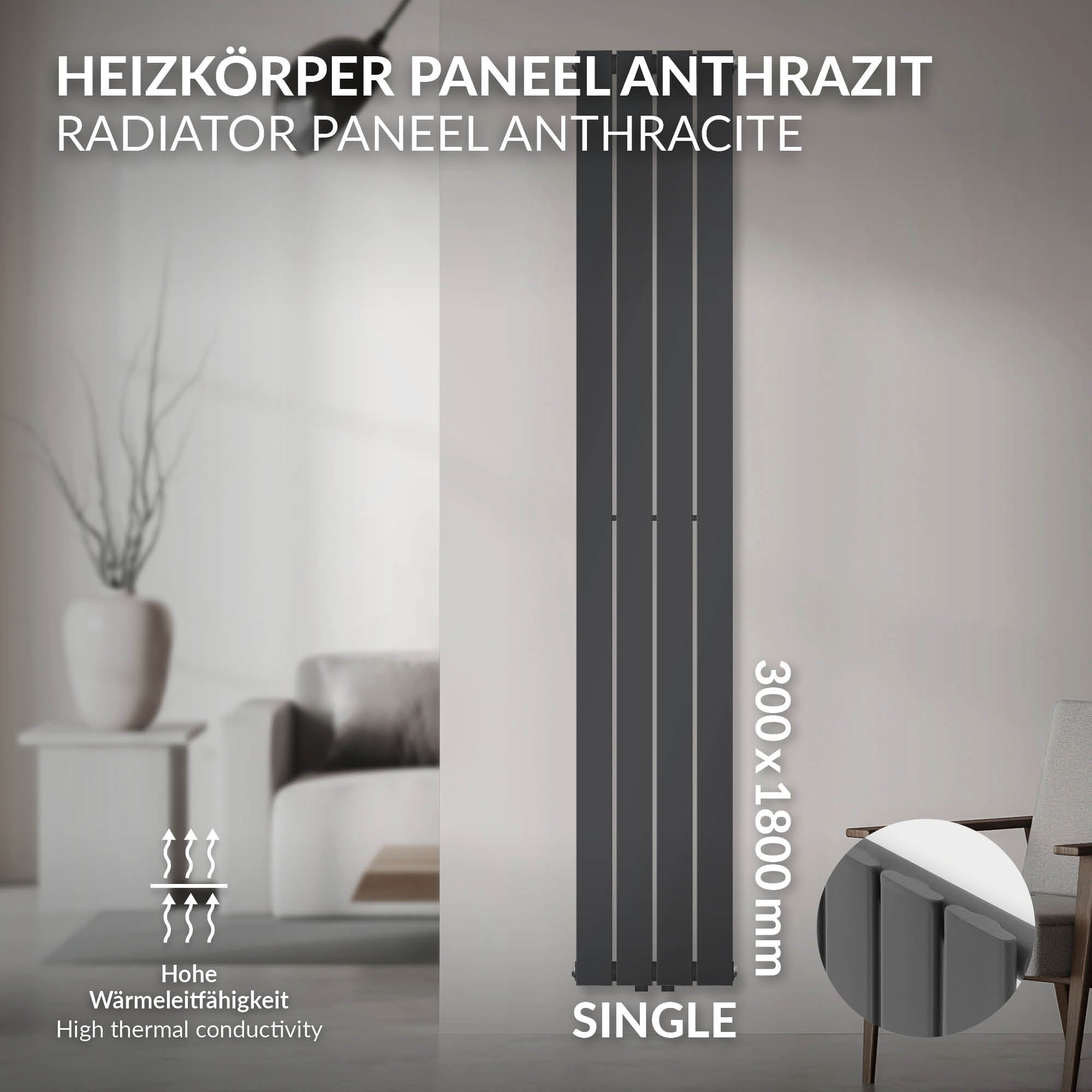 Anthrazitfarbener Heizkörper mit Abmessungen 300x1800 mm.