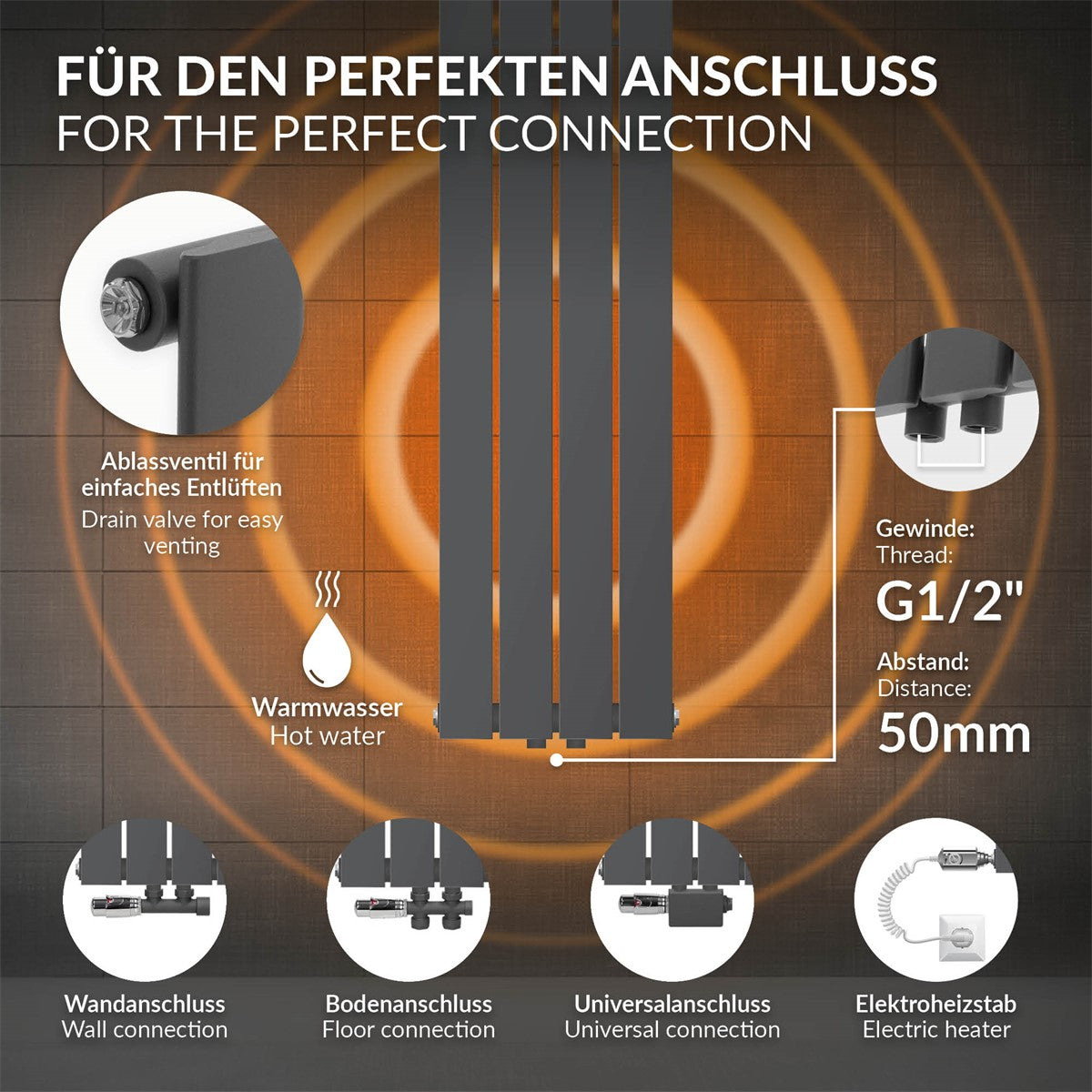 Radiator de culoare antracit cu lamele verticale.