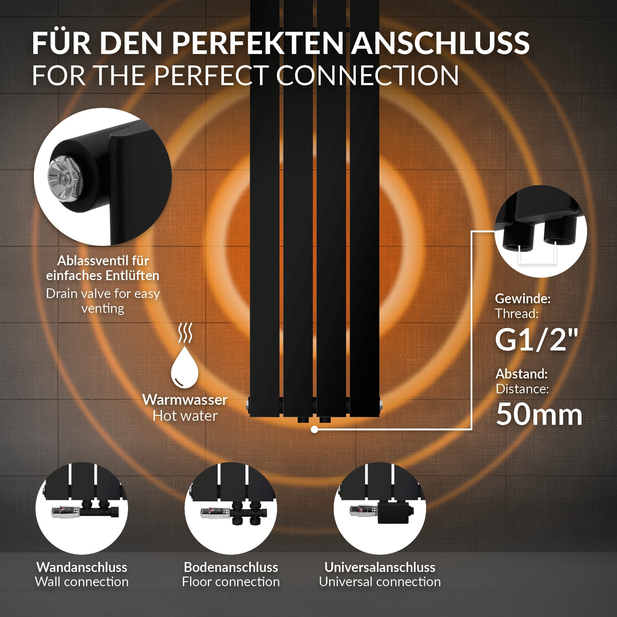 Black radiator with vertical fins.