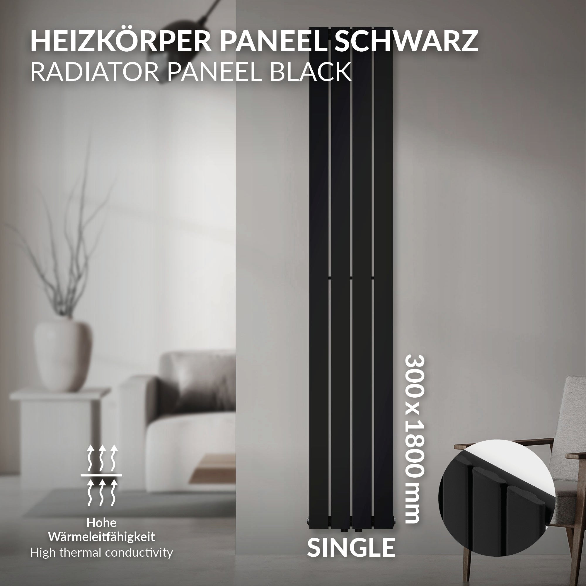 Black radiator panel, 300x1800 mm, simple.