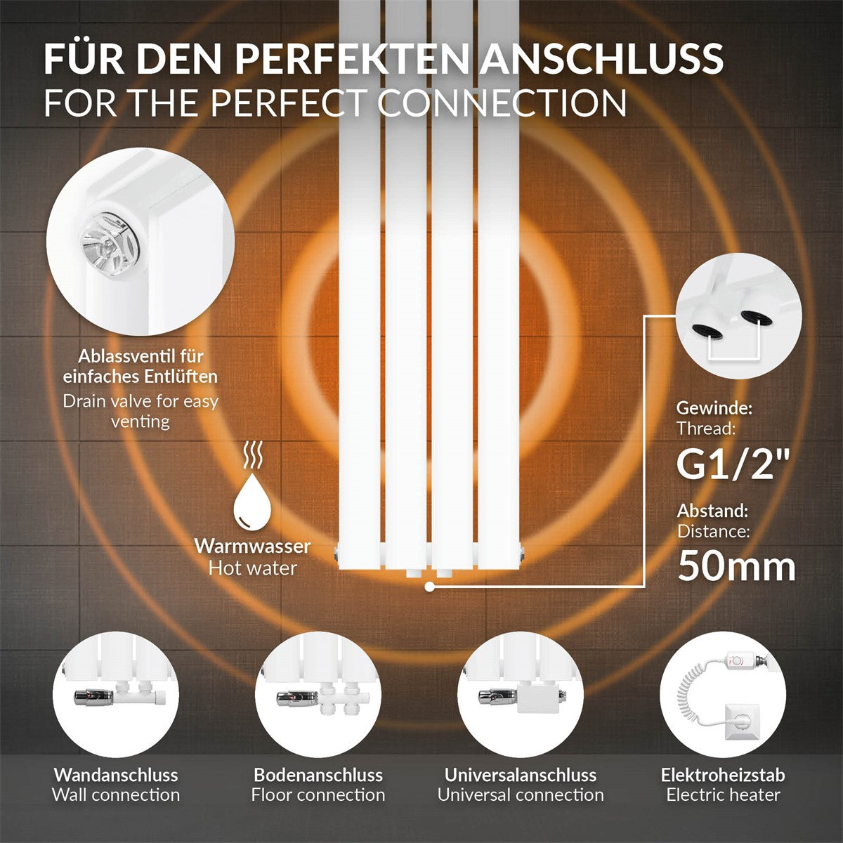 White radiator with vertical fins.