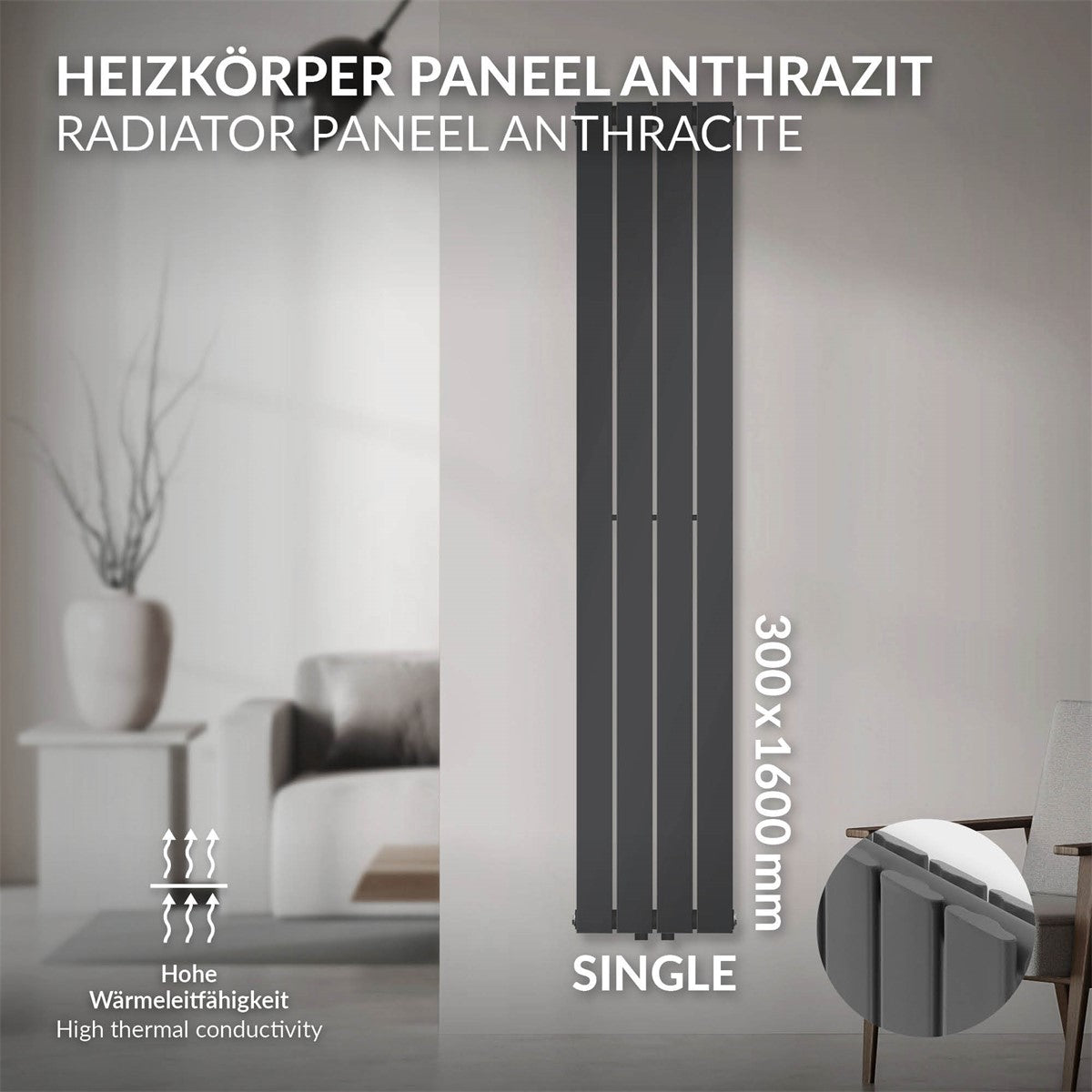 Antracitfarvet radiatorpanel, 300 × 1600 mm, enkelt.