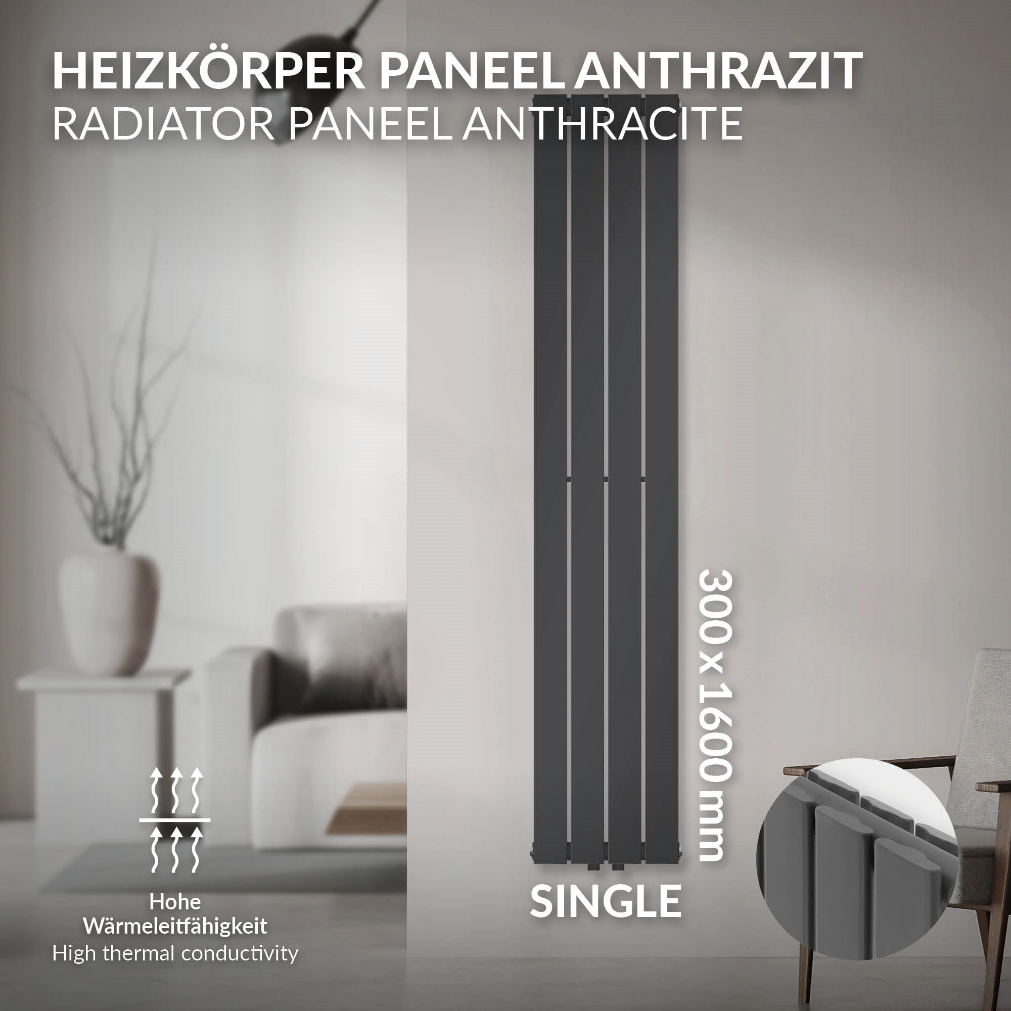 Antracit színű fűtőpanel, 300x1600 mm, egyszerű.
