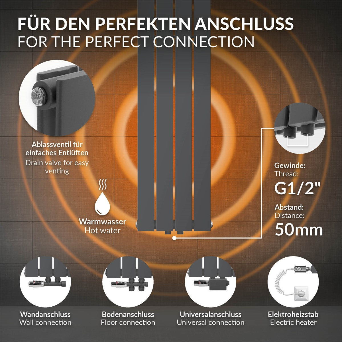 Anthrazitfarbener Heizkörper mit vertikalen Lamellen.