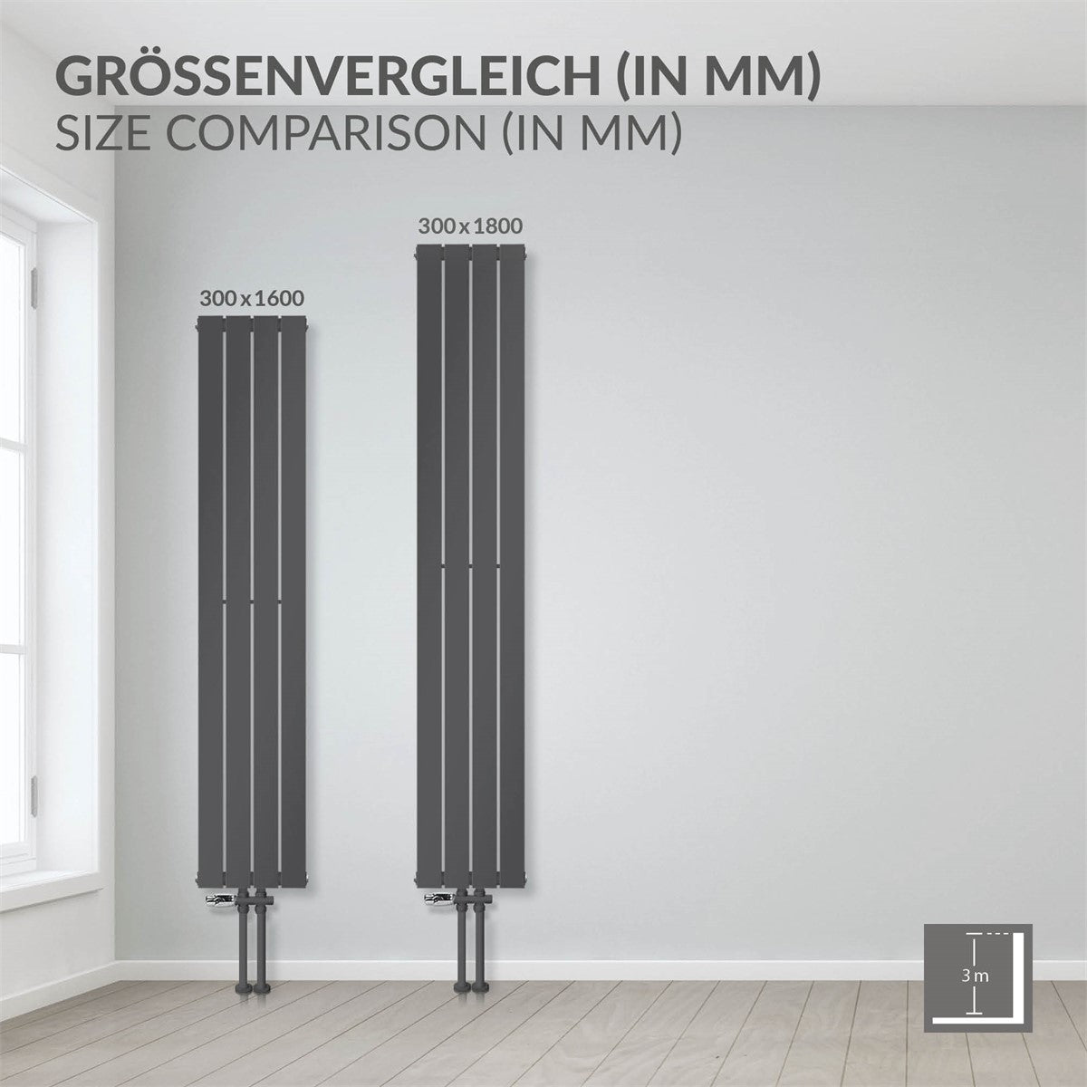 Antracitfarvet radiator i dobbelt udførelse, 300 × 1600 mm.