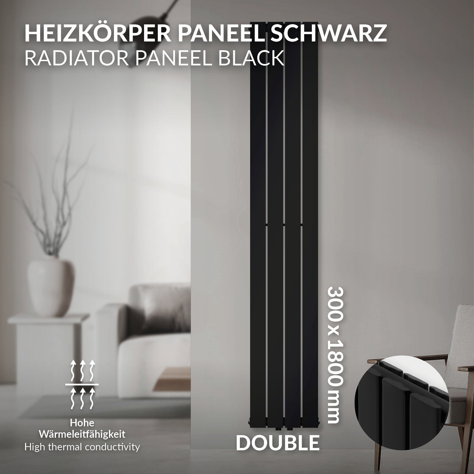 Black radiator panel with double design, 300x1800 mm.