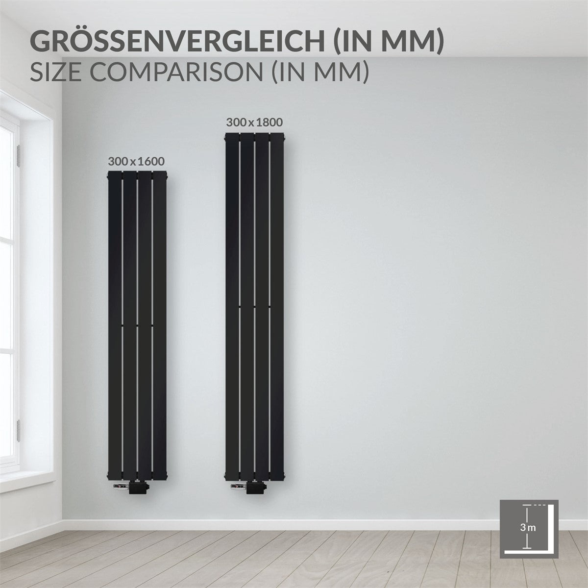 Radiateur noir vertical, 300x1800 mm.